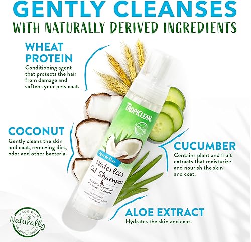 Miniatura 3 de TropiClean Aqua de Coco Champú para gatos sin agua  Caspa de gato y reductor de alérgenos para gatos  Champú natural para gatos seco derivado de