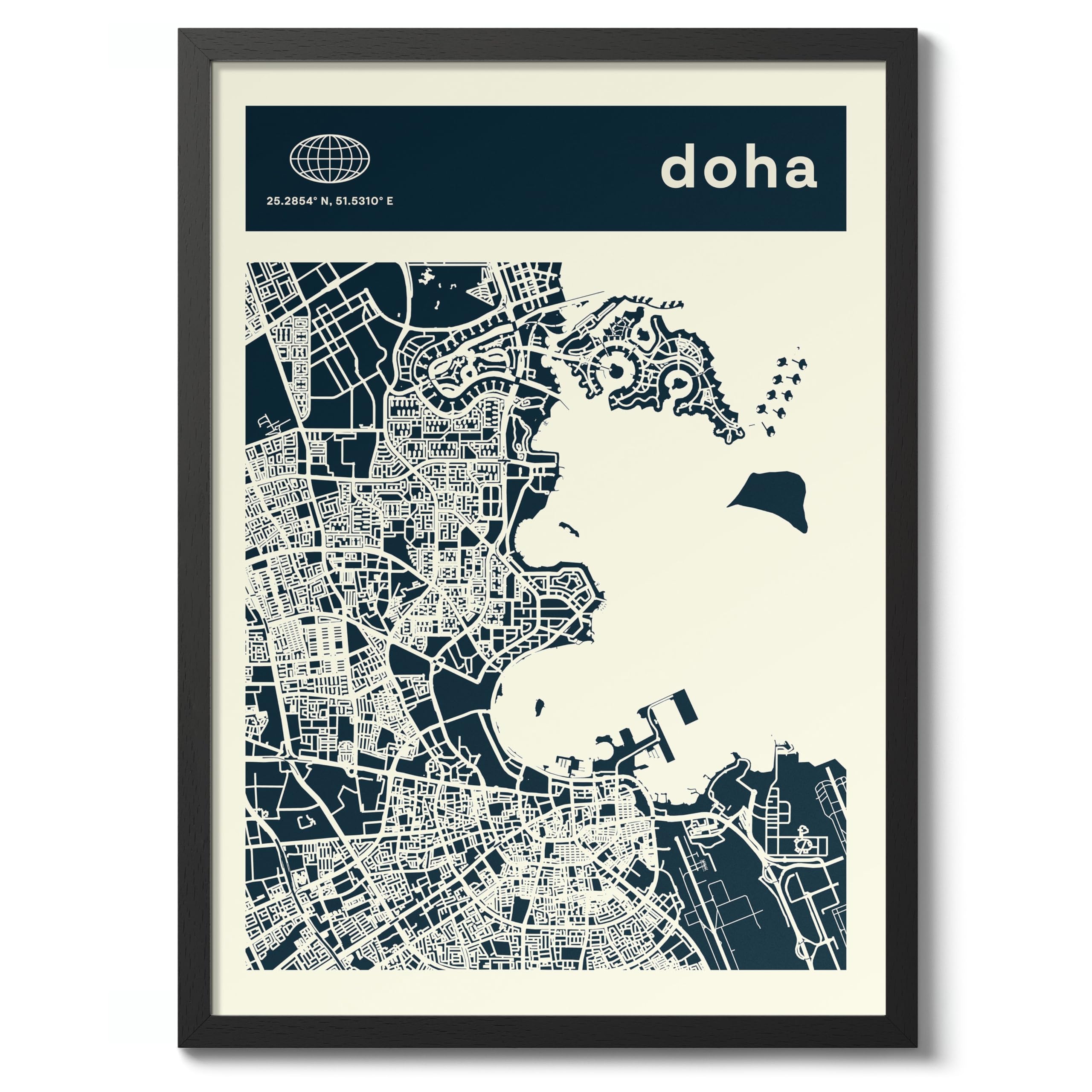 Doha Minimalist City Maps Poster, City Coordinates Print, Landmark Apartment Home Decor, 50x70cm (Black Frame) - 53x73cm