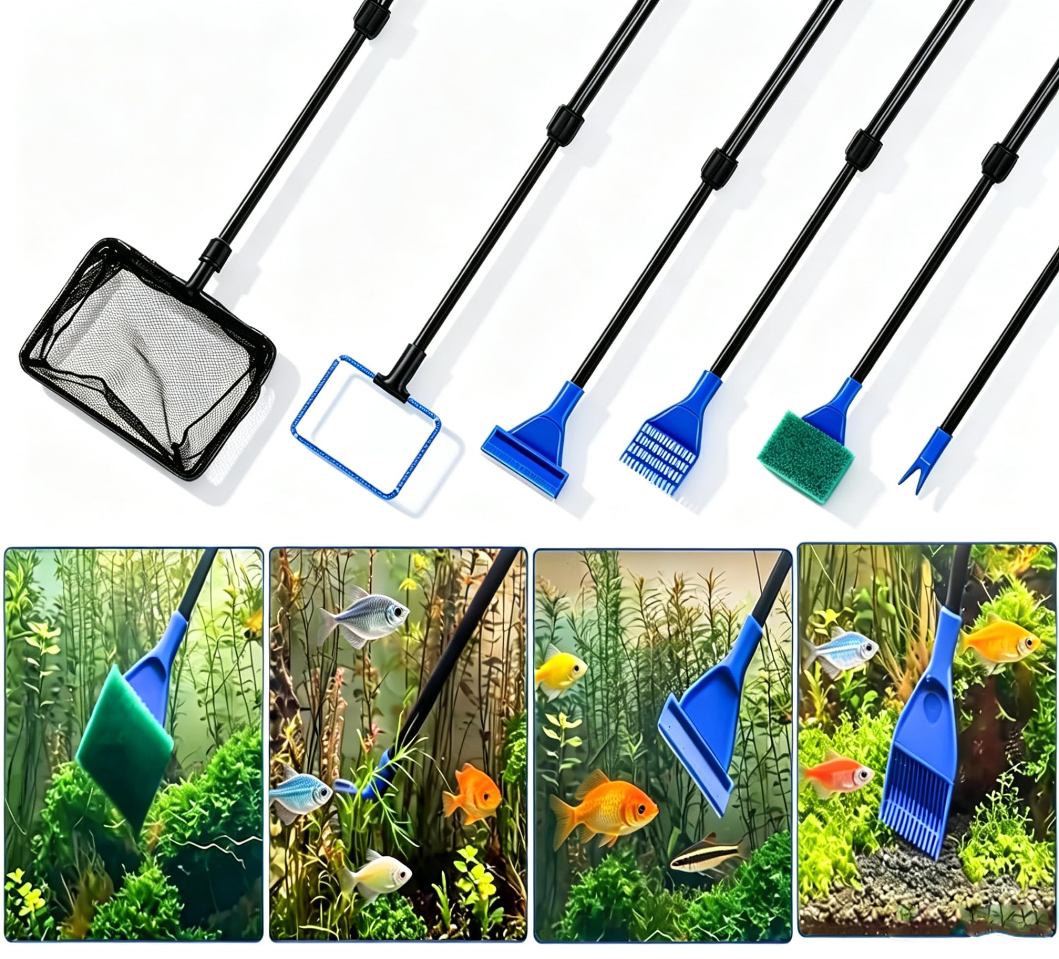 Coolty 9 en 1 Kit de Herramientas de Limpieza de acuarios rastrillo de Grava, rastrillo de Plantas, Esponja raspadora y Kit de Herramientas de Acuario de Acero Inoxidable
