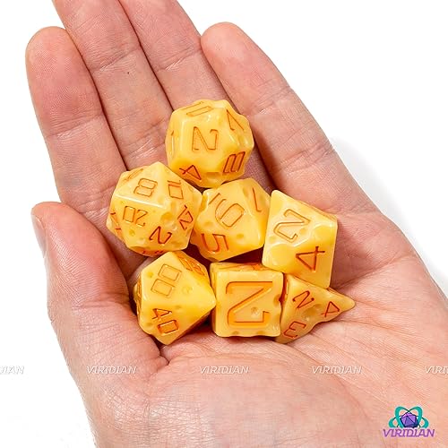 Miniatura 5 de Juego de dados de queso D&D (color amarillo claro y naranja nachos) con agujeros suizos  DNDTTRPG Juego de 7 piezas de resina poliédrica