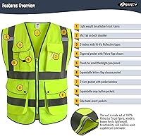 Vista 3 de JKSafety Chaleco de seguridad frontal con cremallera de alta visibilidad clase 2 con 9 bolsillos y tiras reflectantes, cumple con las normas Amarillo