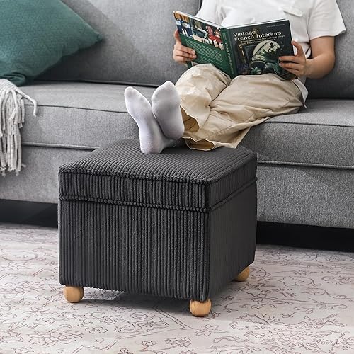 Miniatura 152 de Adeco Taburete de almacenamiento con diseño de escritura de tela, tapa con bisagras, patas de madera maciza, otomanas de 18 pulgadas de altura y 3D