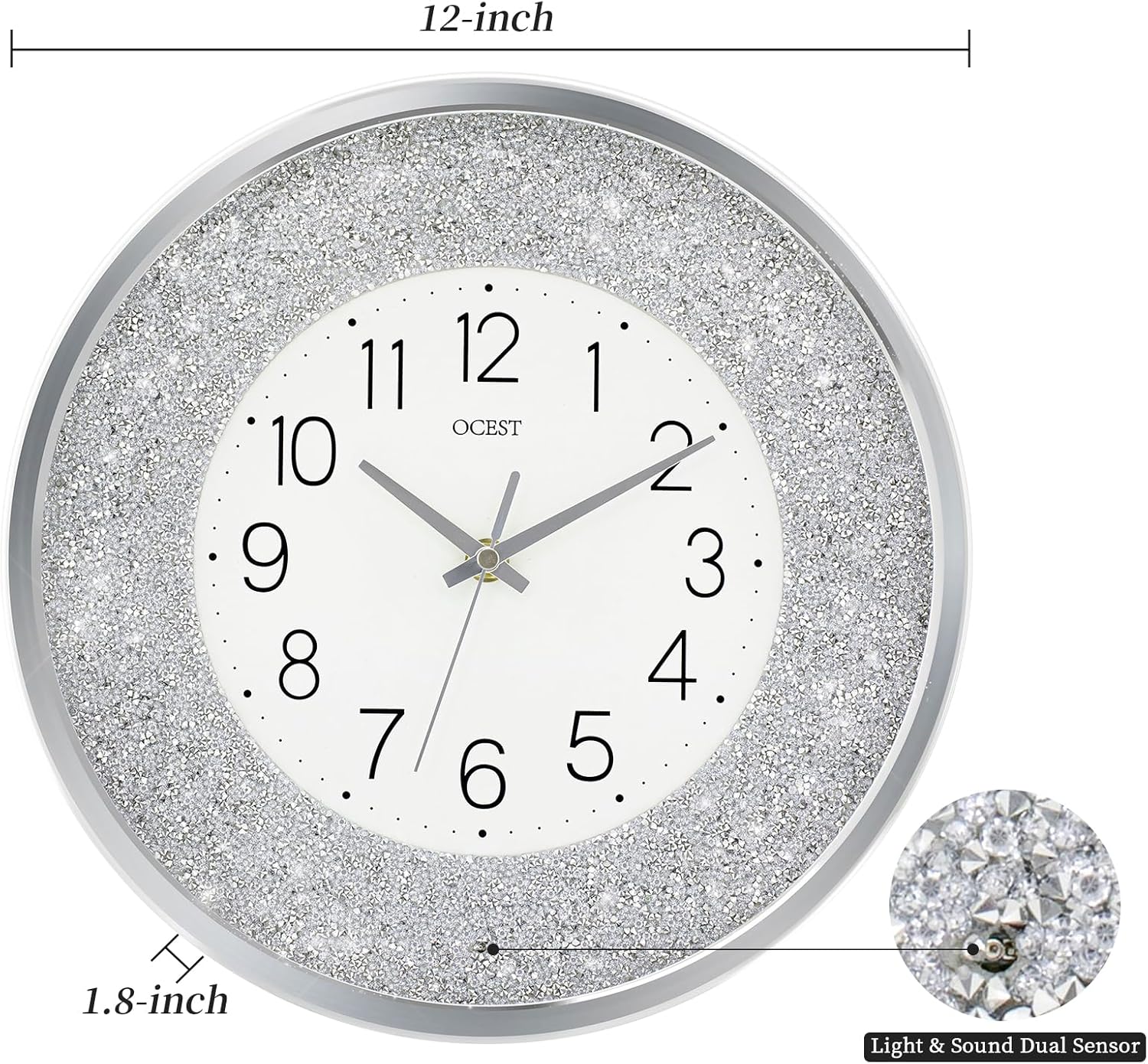 OCEST 12 Inch Wall Clocks Crushed Diamond Night Light, Silent LED Sparkle Glow in The Dark Decorative Large Display Clock for Bedroom, Living Room, Kitchen - Silver