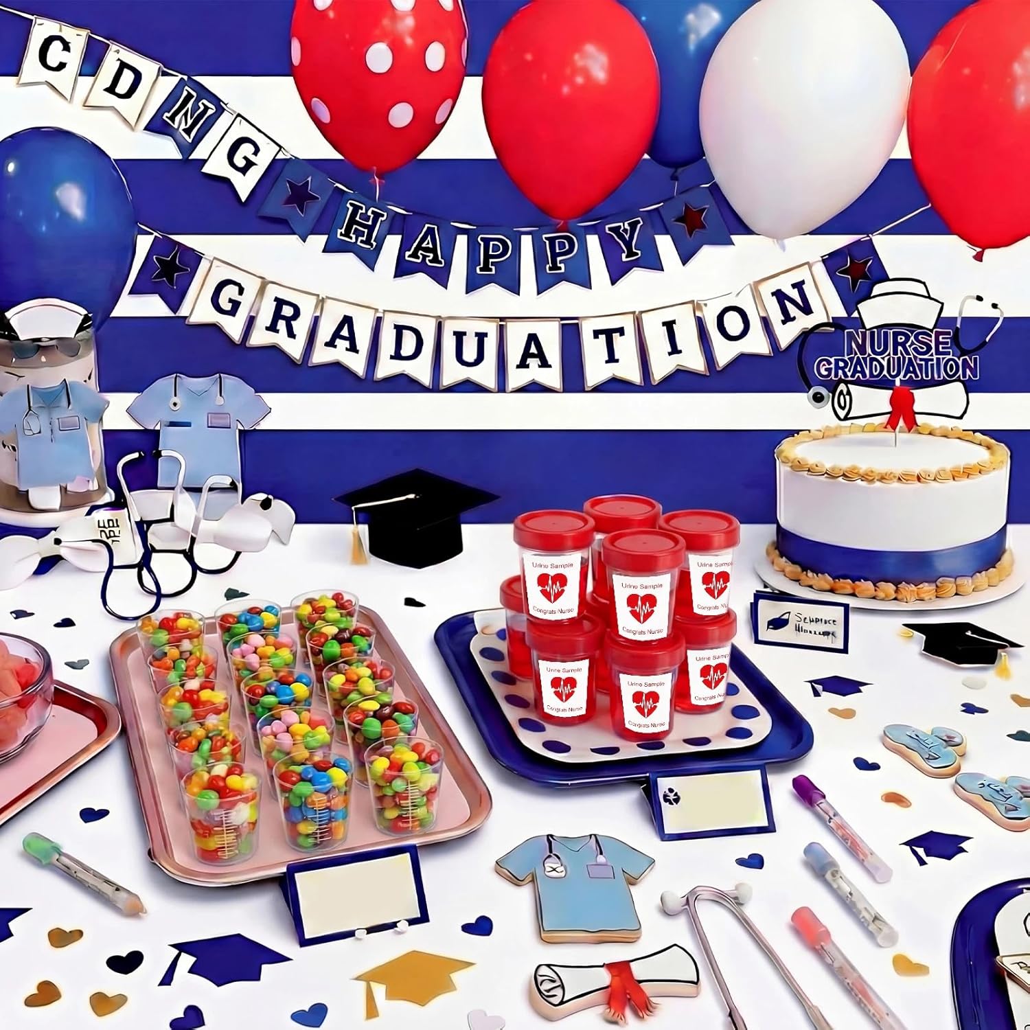 Threlaco 100 Pcs Nursing Graduation Party Supplies Set 4 oz Specimen Cups with Lids Urine Sample Urine Measuring Cups with Red Sticky Label for Congrats Nurse Party Favor Liquid Kit (Red)