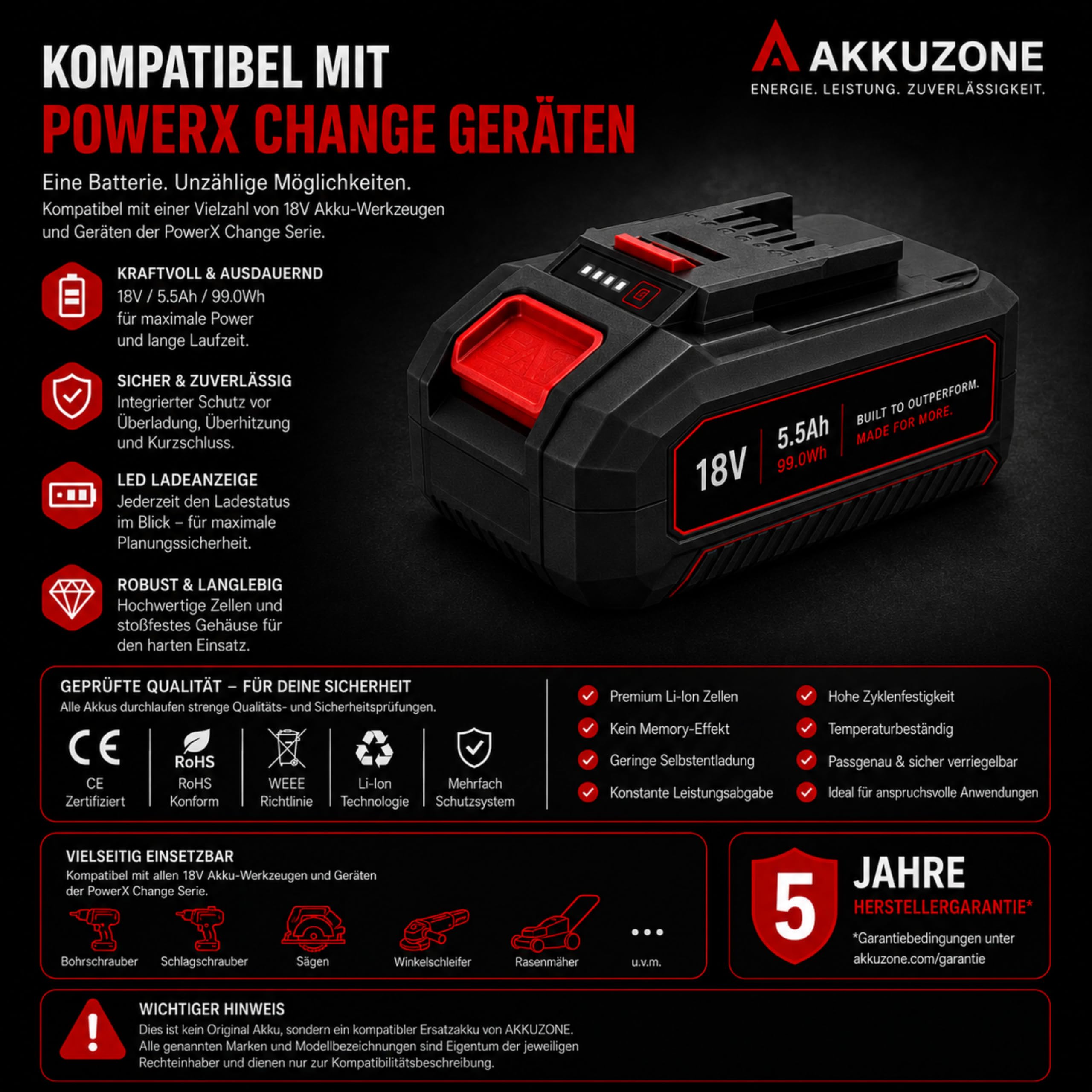 Batteria da 18 V 5,5 Ah compatibile con Einhell Power X-Change, batteria agli ioni di litio ad alte prestazioni con indicatore LED dello stato di carica, batteria di ricambio per utensili elettrici da