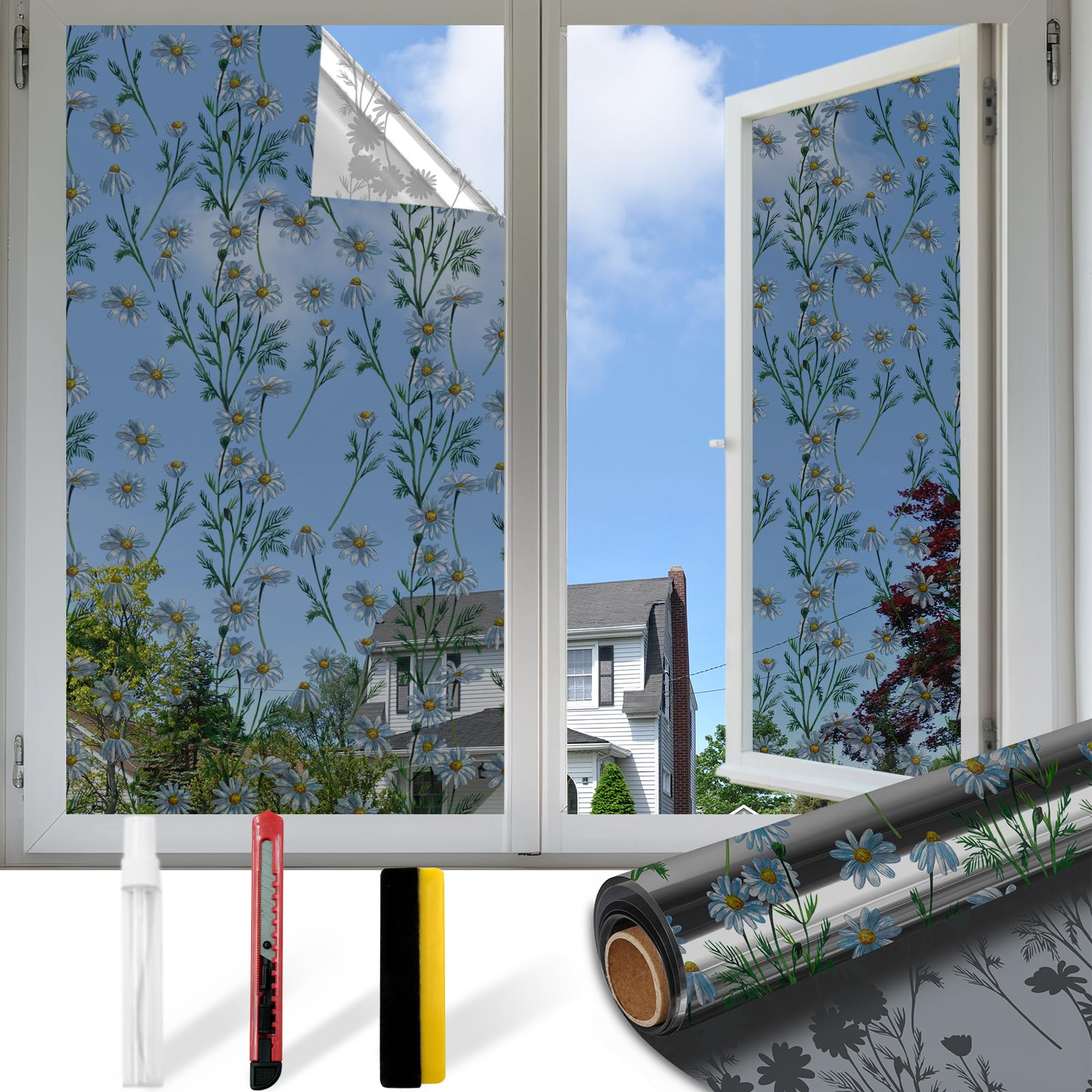 (Pack Of 2) Upgraded Window Privacy Film One Way Daytime Privacy Static Cling Sun Blocking Anti UV Reflective Window Tint for Home and Office (Black - Silver?Daisy?, 23.6 X 157.4 in)