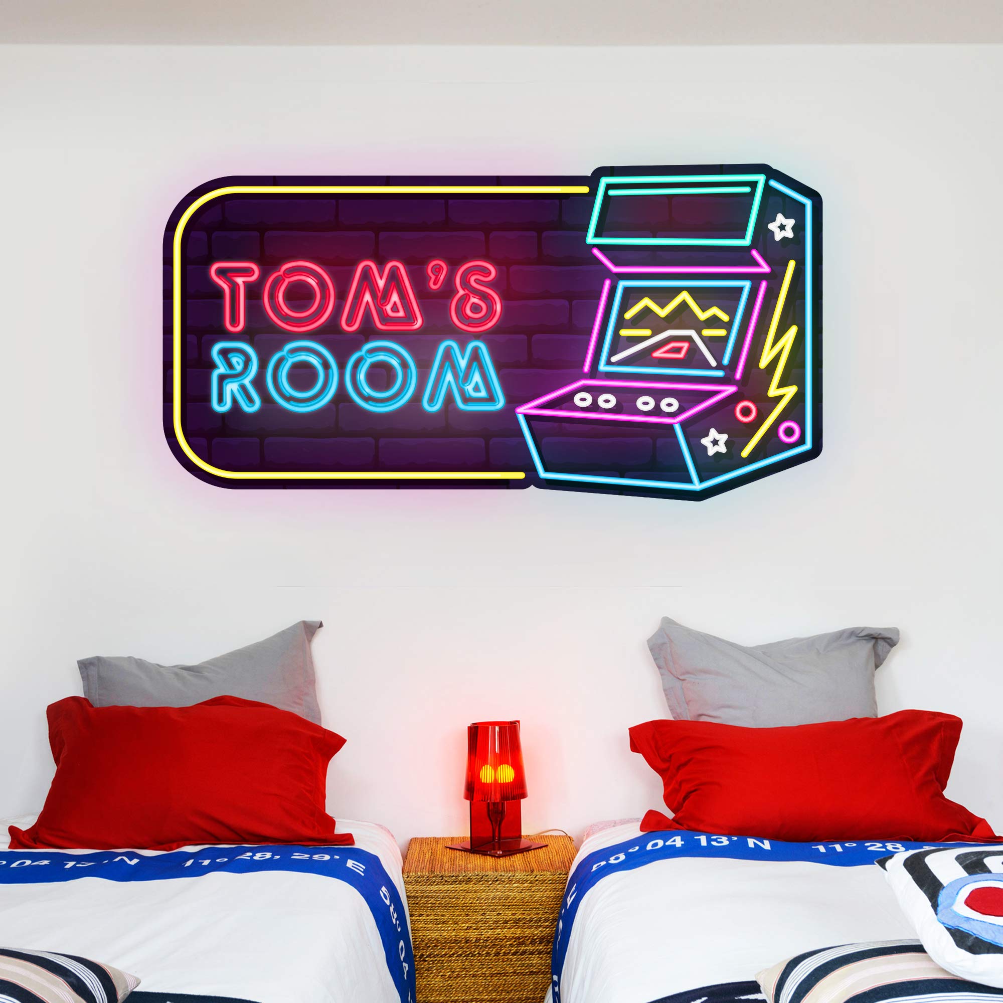 Personalised Arcade Game Neon Sign Wall Sticker Art Decal Kids Bedroom Mural Gaming (60cm Width x 30cm Height)