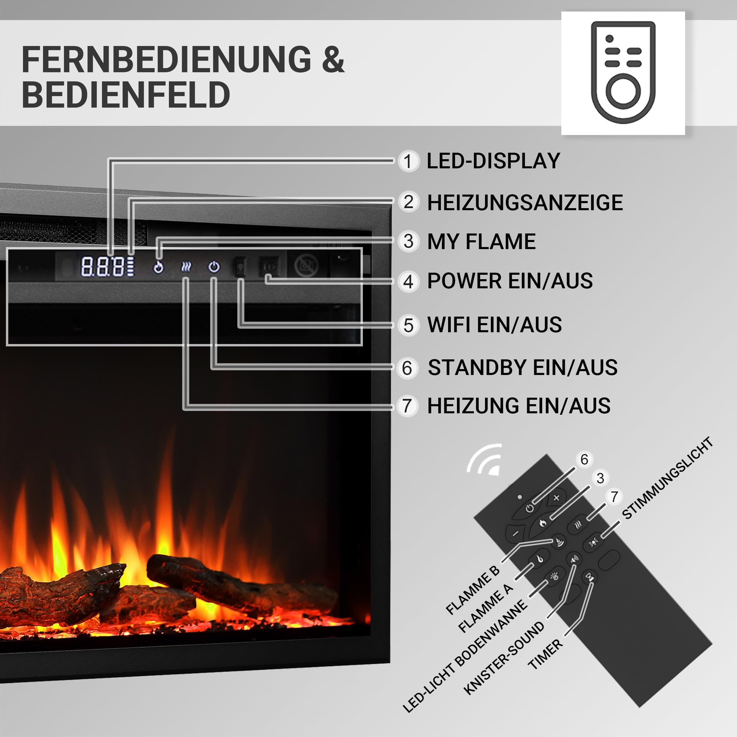 BALDERIA Atalanta 72 Einbau Kamin, App Steuerung | Elektrischer Einbaukamin, Heizung 1000/2000 W, 3D-Flammeneffekt, Knisterfunktion, Fernbedienung, Timer, Thermostat