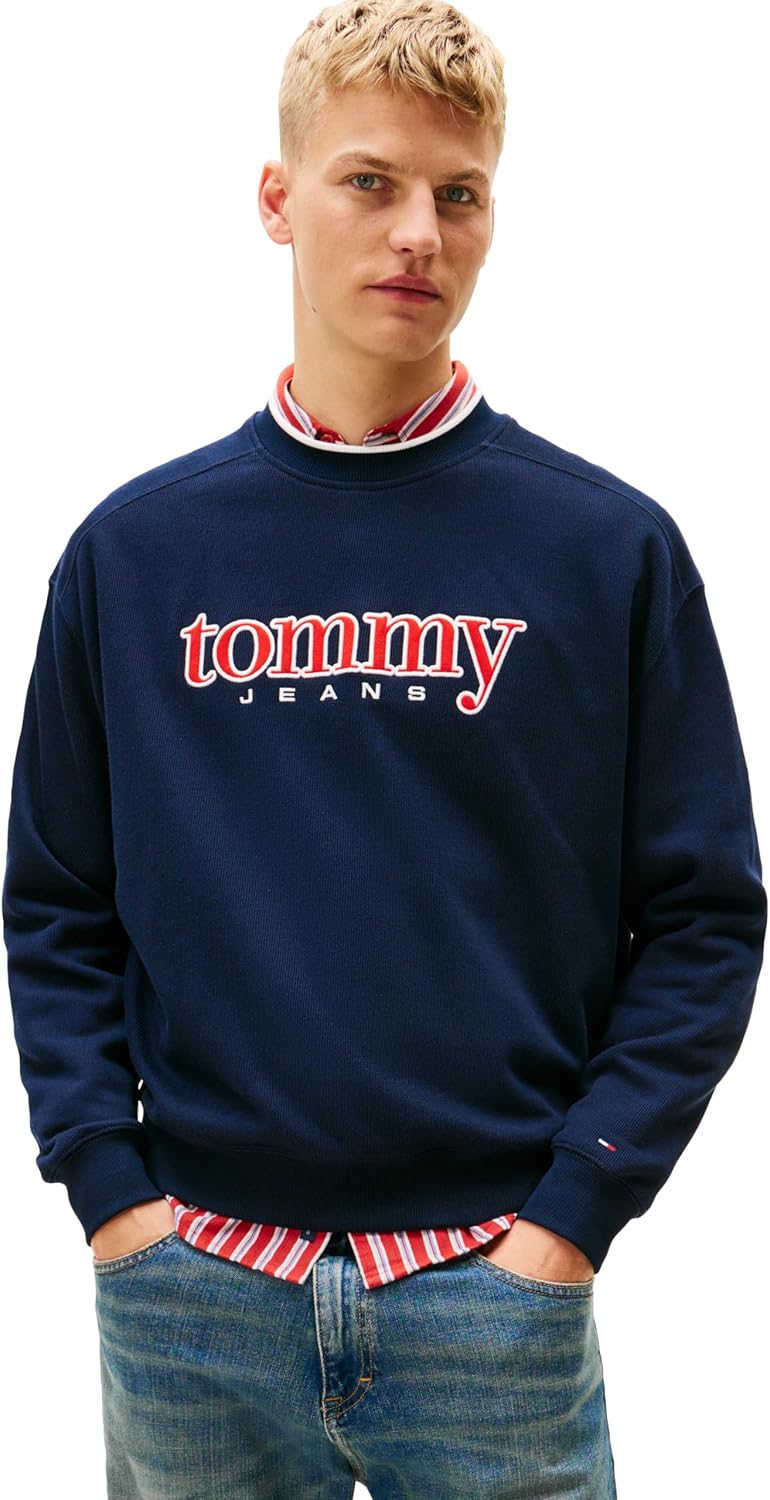 Tommy Jeans mens Medium Weight Crewneck Sweatshirt With Two-tone Embroidered Logo