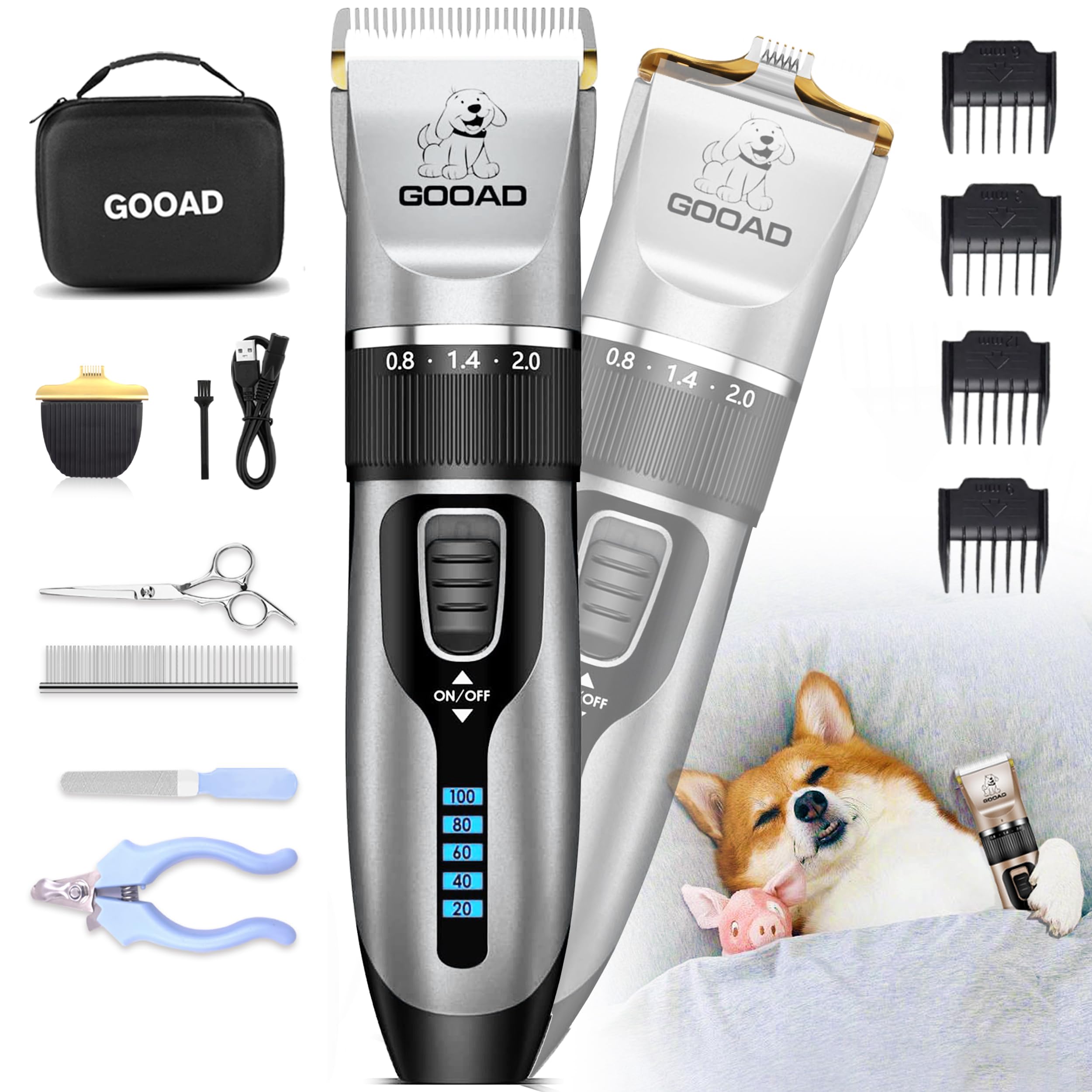 Dog Clippers Grooming Kit and Paw Trimmer,Cordless,Low Noise, Electric Quiet,Rechargeable, Dog Trimmer Grooming, Pet Hair Clippers for Thick Coats,Shaver for Small and Large Dogs Cats(Gray)