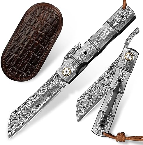 ALVELY Cuchillo de bolsillo plegable de acero japonés hecho a mano, cuchillo japonés de hoja de 3.6 pulgadas, con funda de cuero, cierre de forro,