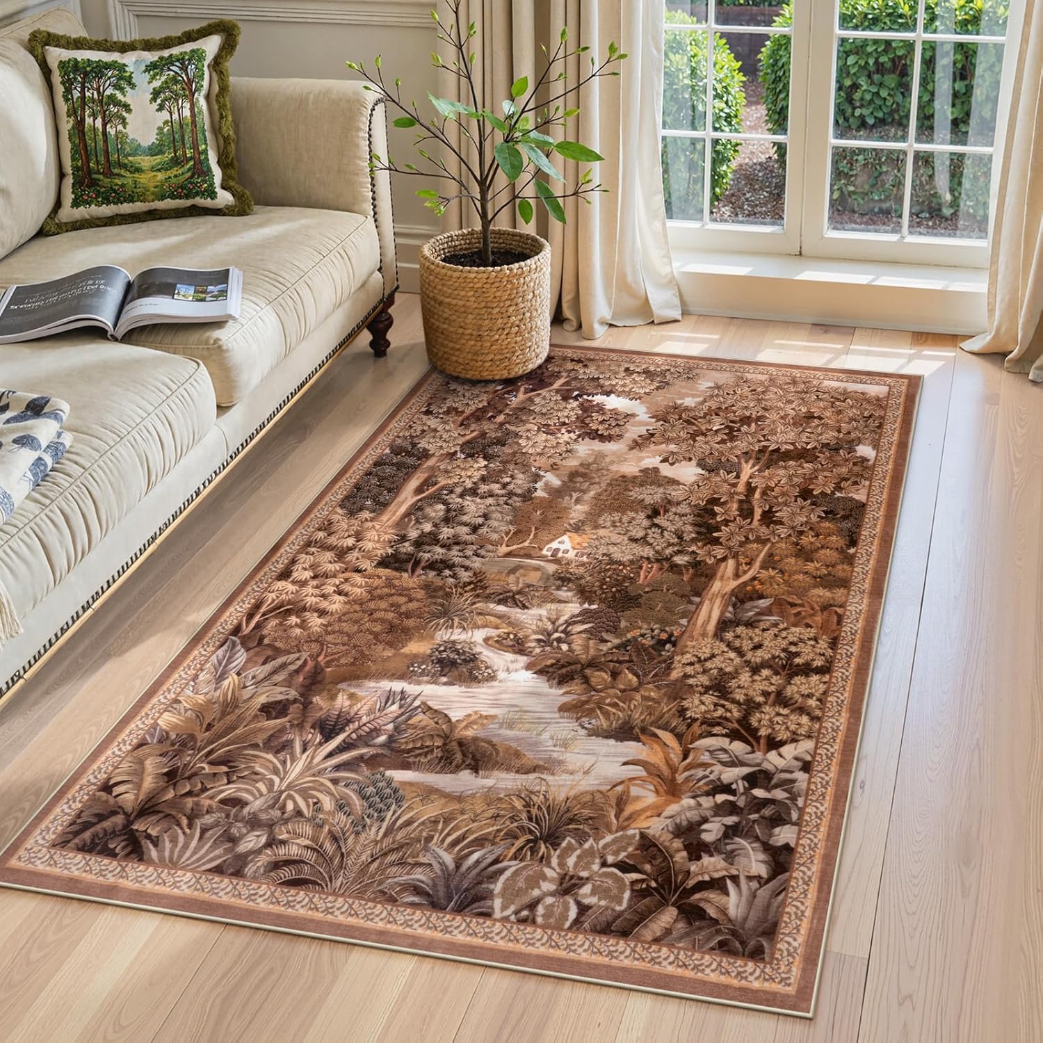 LIVEBOX 3x5 Brown Washable Area Rug, Non-Slip Small Entryway Rug Vintage Farmhouse Jungle Boys Rug for Bedroom Living Room Low-Pile Whimsical Carpet for Indoor Kitchen Bathroom(Brown, 3'x5')