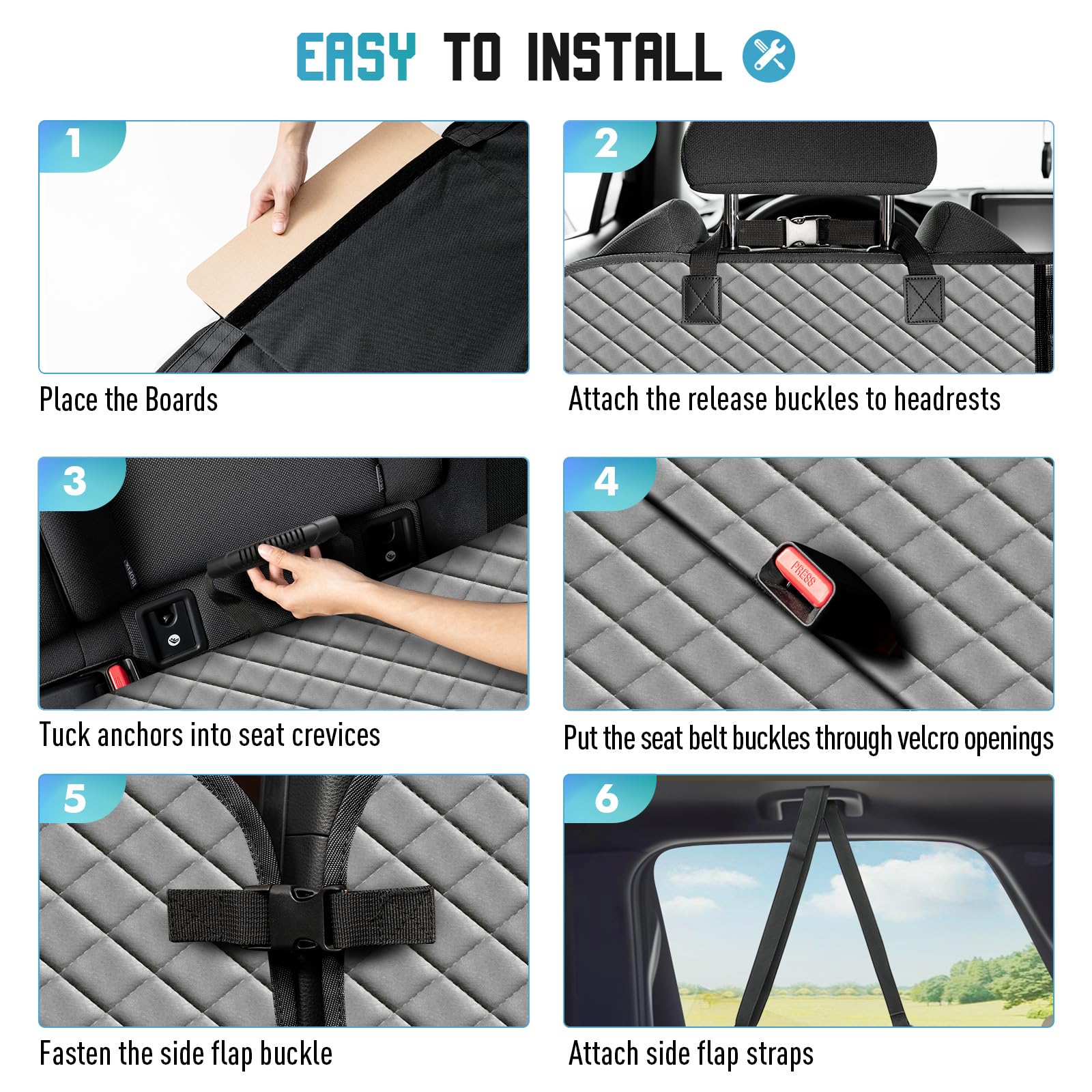 Reiseresa Coperta per cani per auto, versatile coperta per cani con robusta tavola in legno duro e cinture di sicurezza, impermeabile, per tutte le auto, SUV, colore grigio