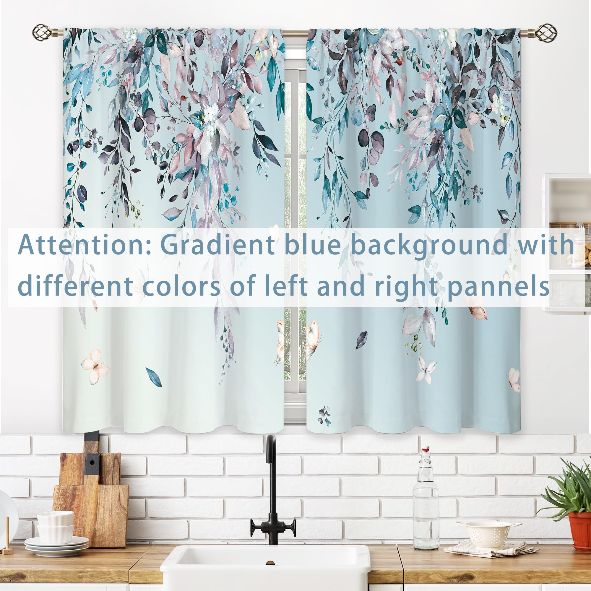 oolygoo Eucalyptus Botanical Leaves Floral Kitchen Window Curtains Butterfly Farmhouse Flower Leaf Small Window Treatment Blue Grey Cafe Short Curtains for Bathroom Treatment Tier Drapes 27.9x39 inch - Image 2