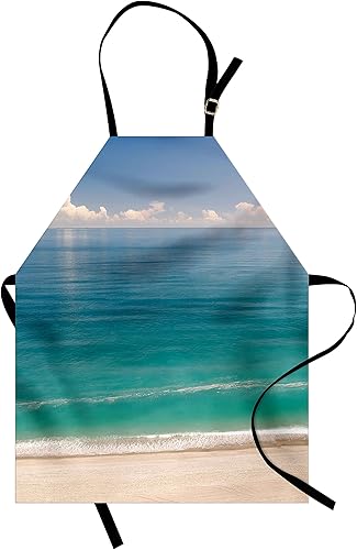 lunarable Ocean delantal por, ocio coastalline paisaje de playa con verdosa agua y cielo Azul, Unisex delantal con cuello ajustable para cocinar,