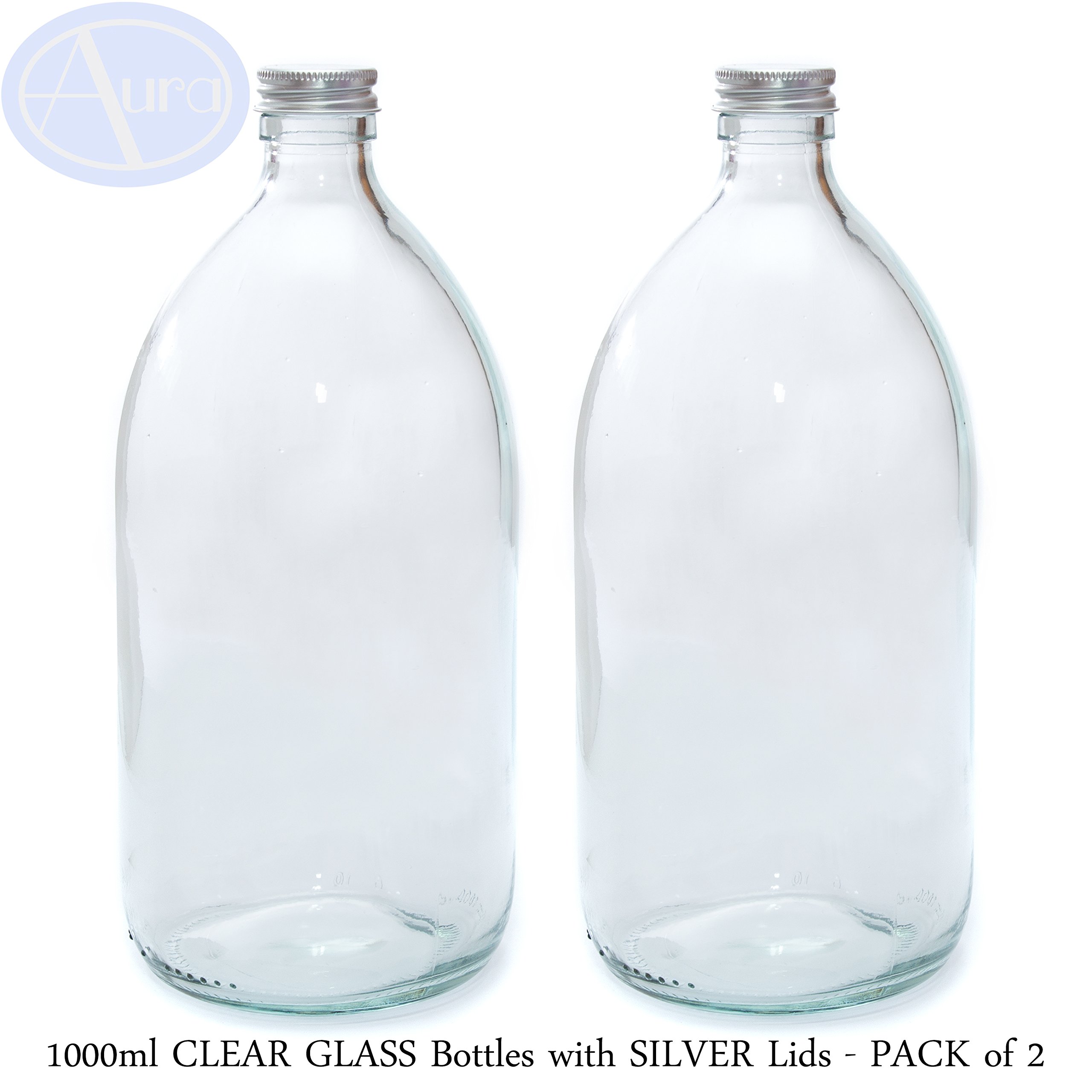 Aura Clear, 1000Ml Clear Glass Bottles With Silver Lids - Pack Of 2