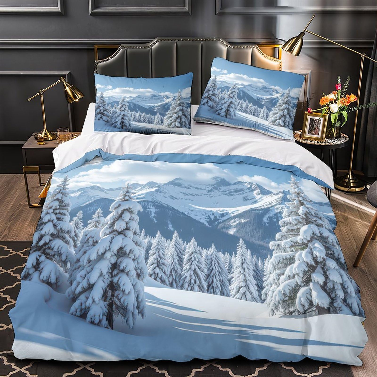 Housse de couette montagnes enneigées parure de lit 140x200 zippée
