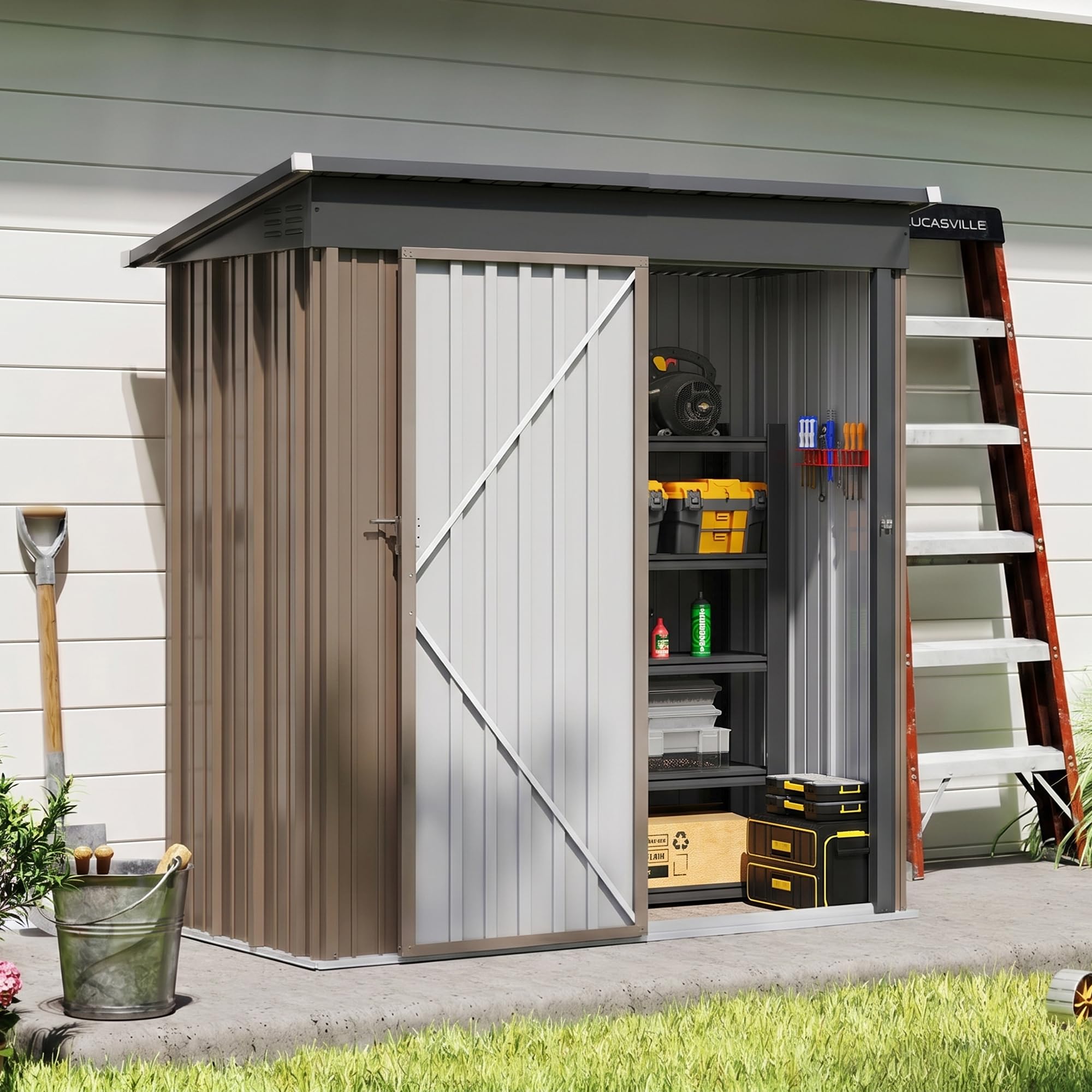 Amopatio Metal Garden Storage Shed 5x3 ft, Small Storage Shed 162x92x182 cm, Outdoor BikeShed Waterproof with Lockable Door for Winter, Backyard, Patio, Garbage Bin, Tools, Brown