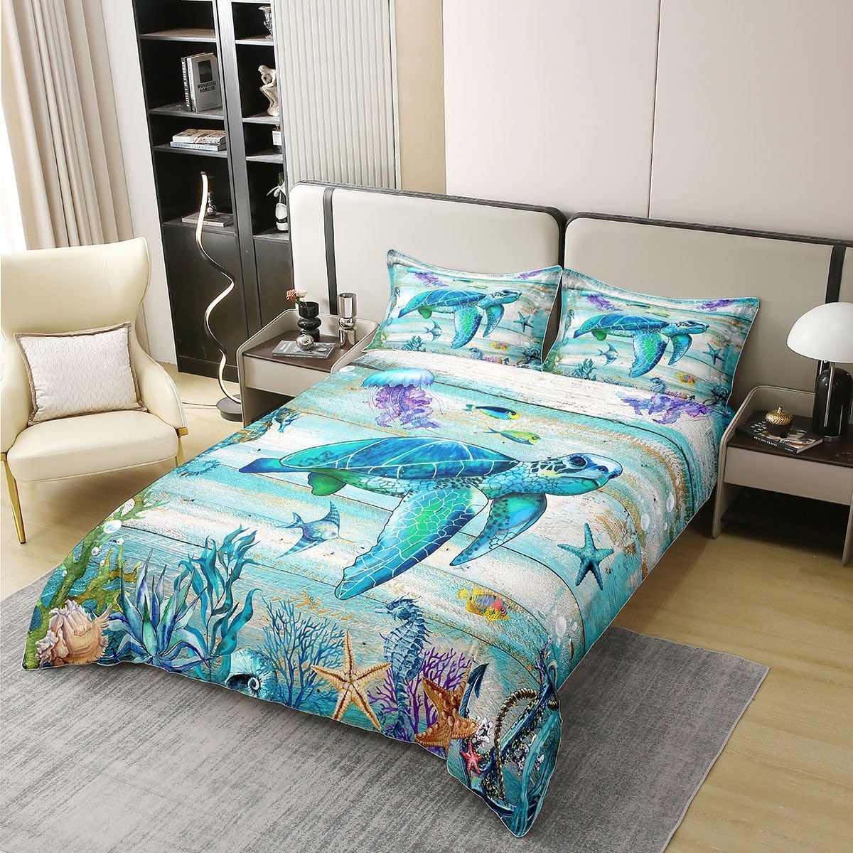 100% Organic Cotton Coastal Duvet Cover Double,Summer Sea Turtle Jellyfish Bedding Set for Boys Girls,Tropical Starfish Coral Comforter Cover,Farmhouse Wooden Barn Bed Sets with 2 Pillowcases - Image 2