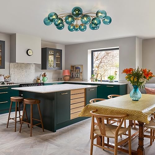 Miniatura 4 de Mid Century Gold Sputnik Chandelier 16-Light Blue Glass Globe Flush Mount Ceiling Light Fixture Blossom Accent Starburst Chandeliers Contemporary
