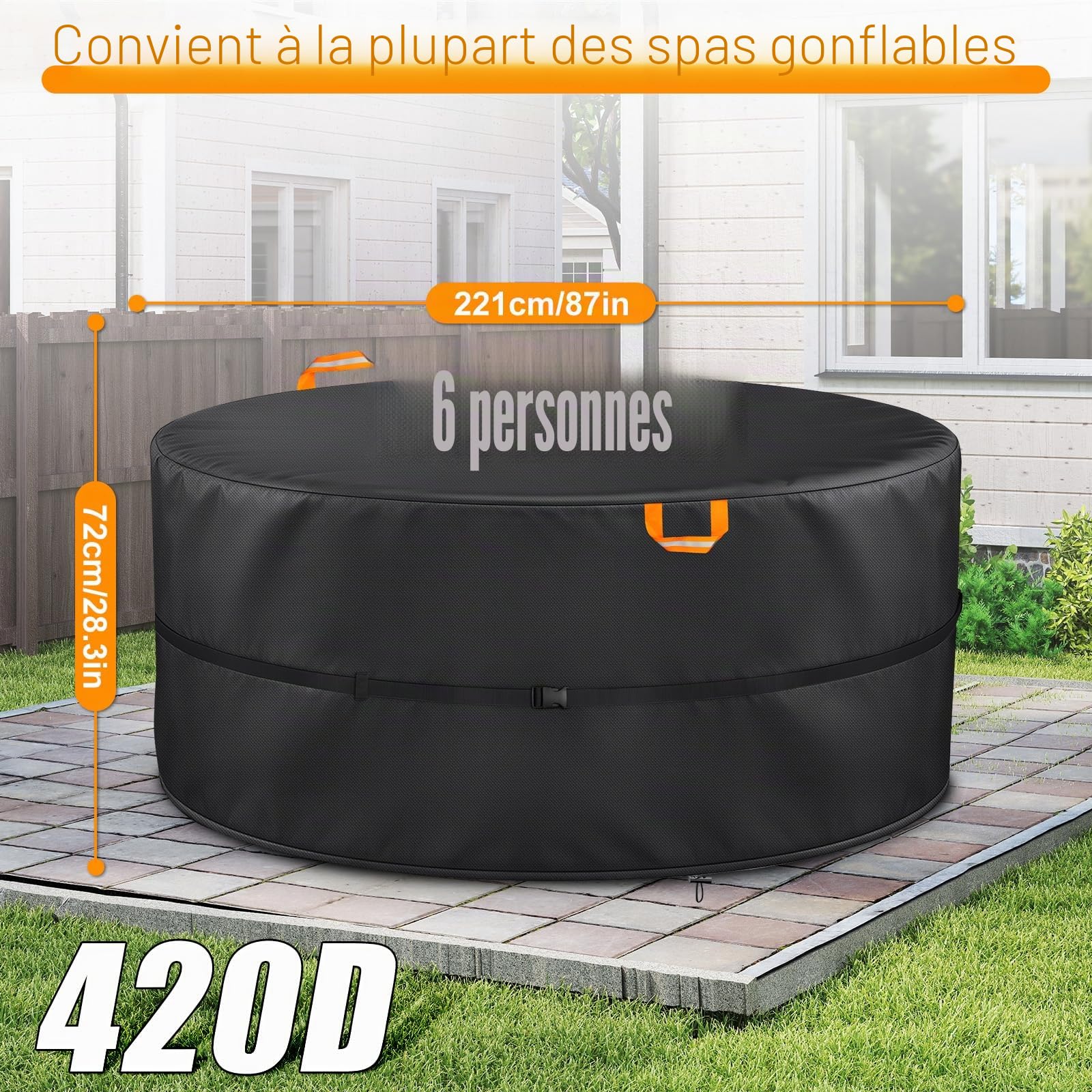 Housse de Protection Ronde pour Jacuzzi, 4-6 Personnes, Oxford 420D, Spa Gonflable Housse de Protection pour Ronds, résistante aux UV et imperméable pour Spa extérieur (220 * 72cm (6 Personnes))
