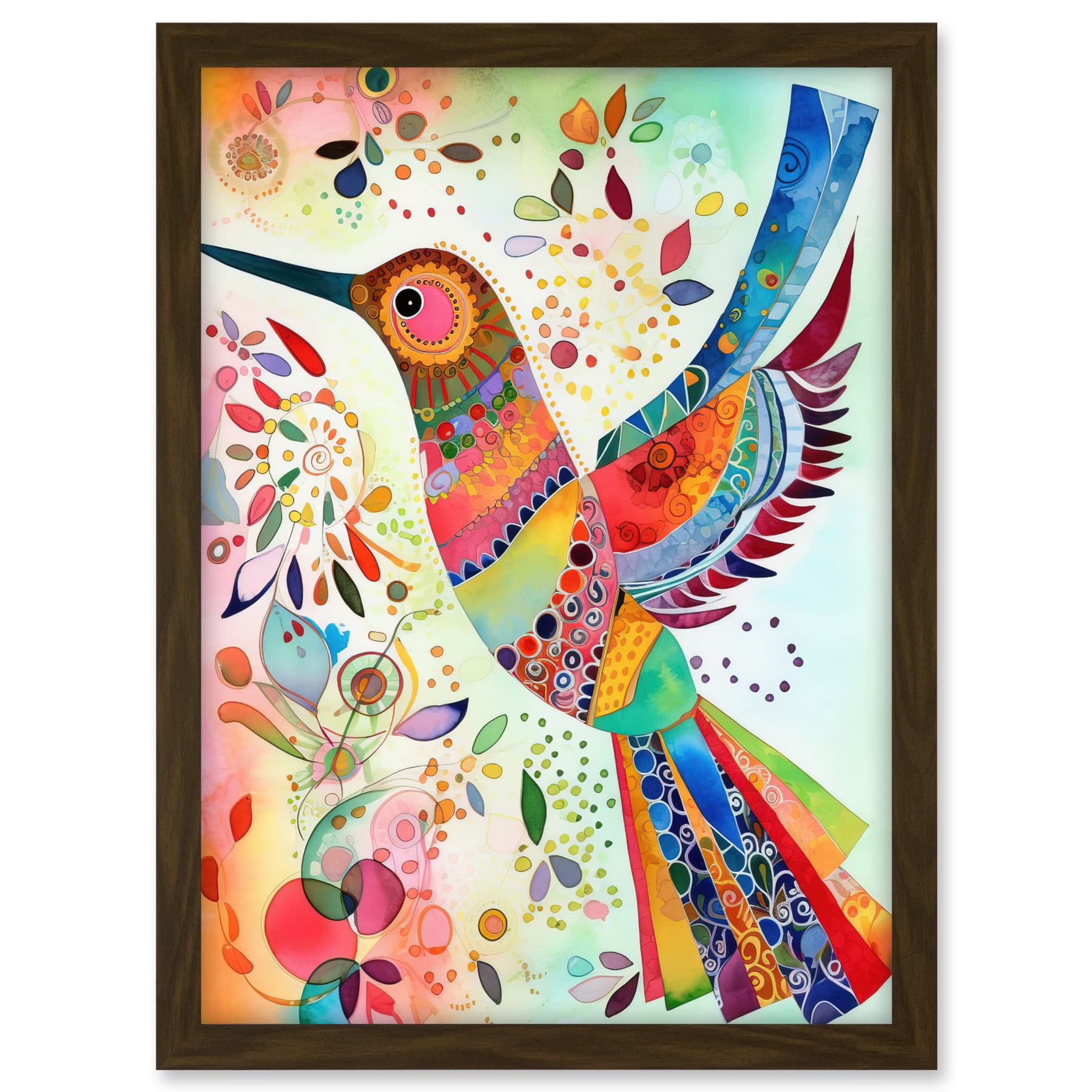 Artery8 Hummingbird With Multicolour Pattern Feathers Folk Art Watercolour Painting Artwork Framed A3 Wall Art Print