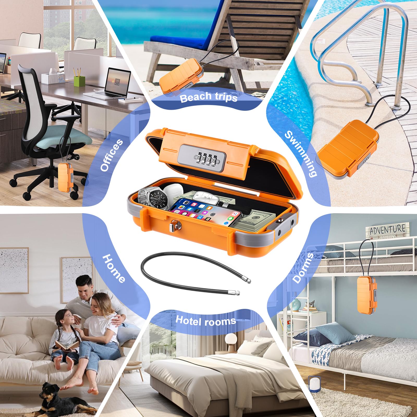 Coffre-fort portable avec code, [Étanche et antivol] Coffre-fort de voyage, Boîtier de sécurité à combinaison avec câble métallique amovible, pour la plage, les voitures, le bureau, les