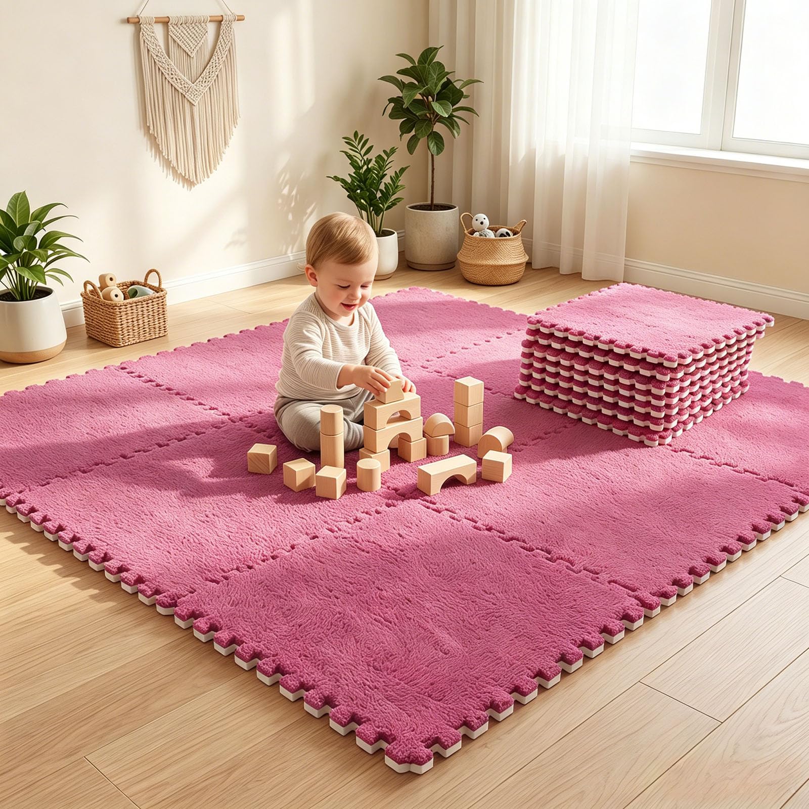 12 interlocking puzzle mats, foam, 30 x 30 cm, for children, for living room, bedroom, pink color