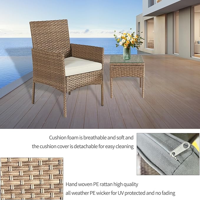 The 3 Pieces Patio Set Balcony Furniture Sets for Apartments is a compact and stylish outdoor furniture set designed specifically for small spaces such as balconies and patios in apartments. This bistro furniture set includes two chairs and a coffee table, making it ideal for enjoying a morning cup of coffee or an evening cocktail outdoors. The chairs come with removable beige cushions for added comfort and easy maintenance.