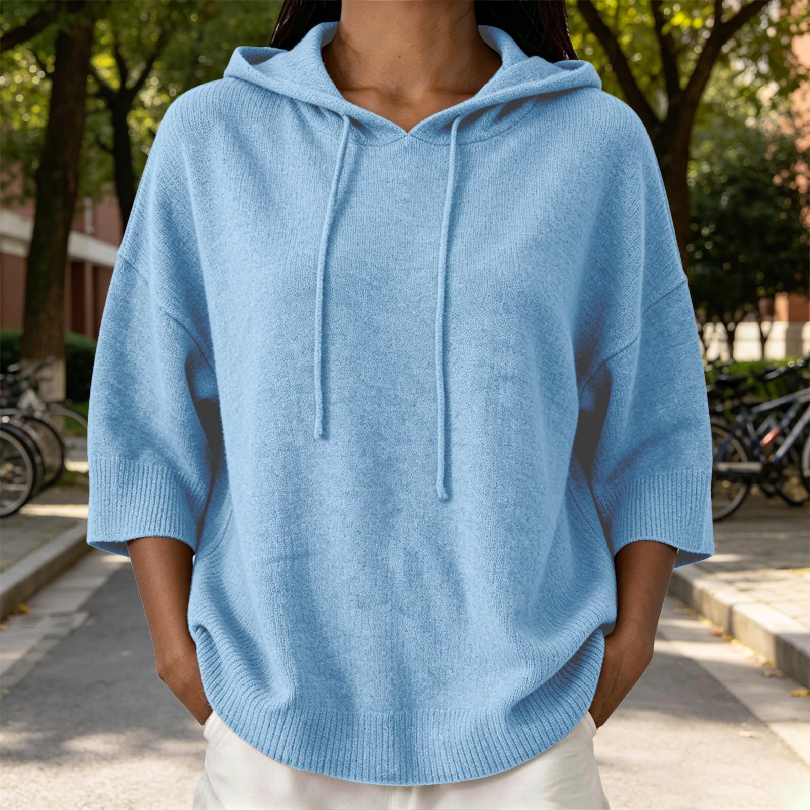 Generisch Hoodie Damen 3/4 Ärmel Strickhoodie Kapuzenpullover Sweatshirt locker Oversize Pullover Strickpullover mit Kapuze Herbst Winter Oberteil