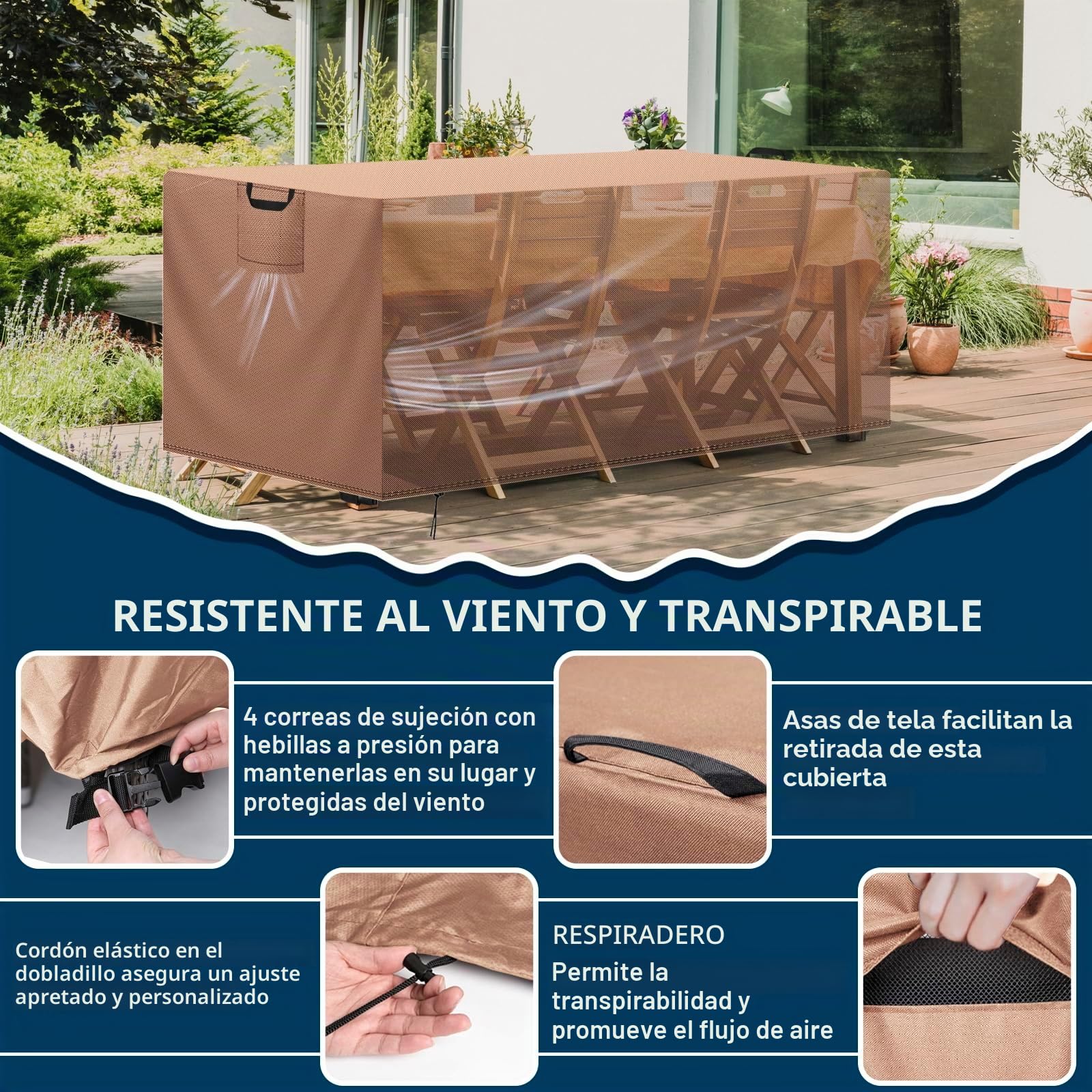 Funda Mesa Exterior Impermeable, Funda para Muebles de Jardín, Cubierta para Muebles de Jardin Tela Oxford 420D Anti Viento Anti UV Funda Protectora Mesa Exterior, Caqui,180x120x74cm