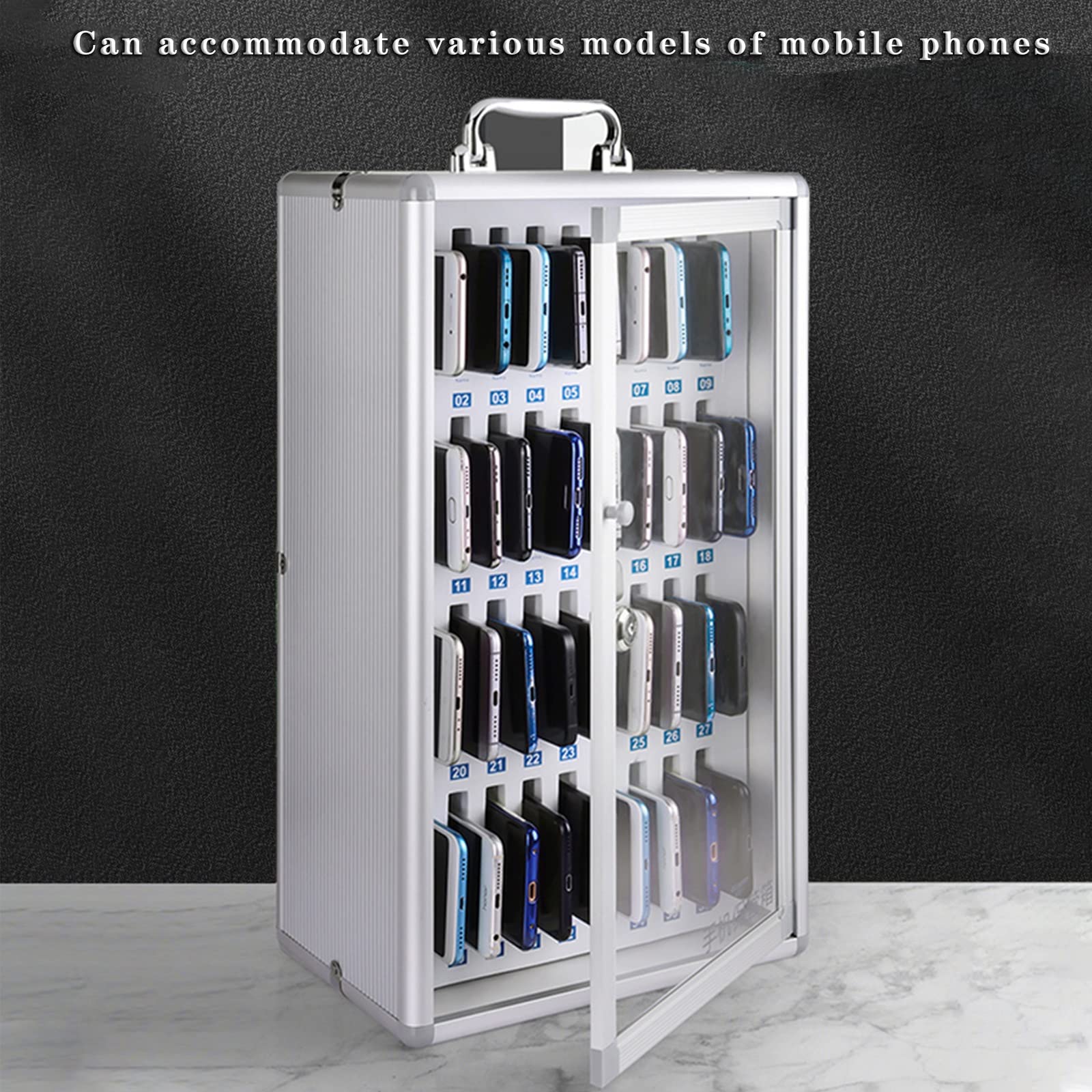 Armadietto da parete per telefono cellulare a 36 posizioni con maniglia per il trasporto, ideale per scuole e aziende, colore argento, disponibile in 48 e 60 posizioni.