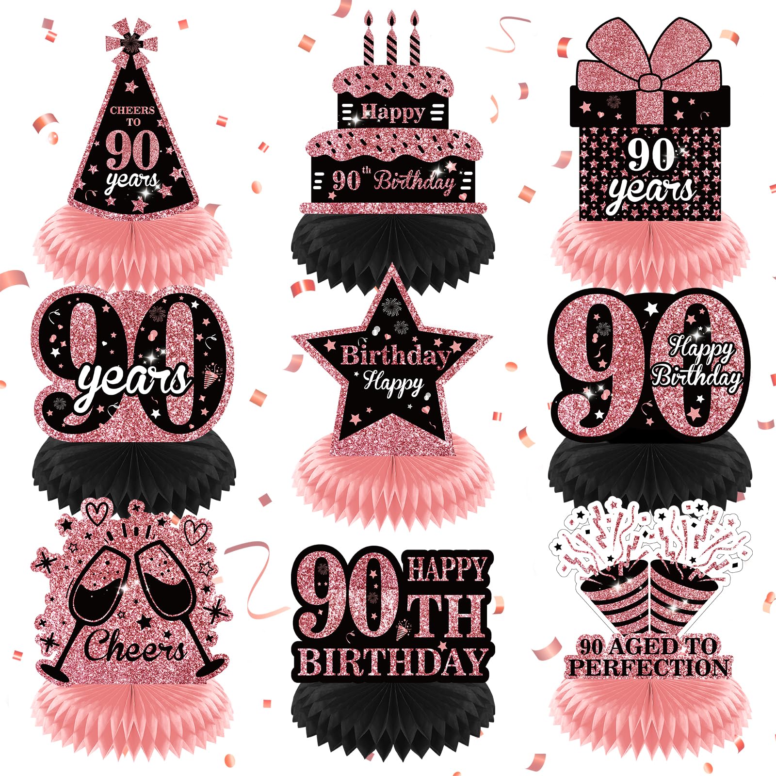 9Pcs Rose Gold 90th Birthday Decorations Rose Gold Black Happy 90th Birthday Table Honeycomb Centerpieces for Table Decor 90th Birthday Table Topper for Women 90th Birthday Anniversary Party Supplies