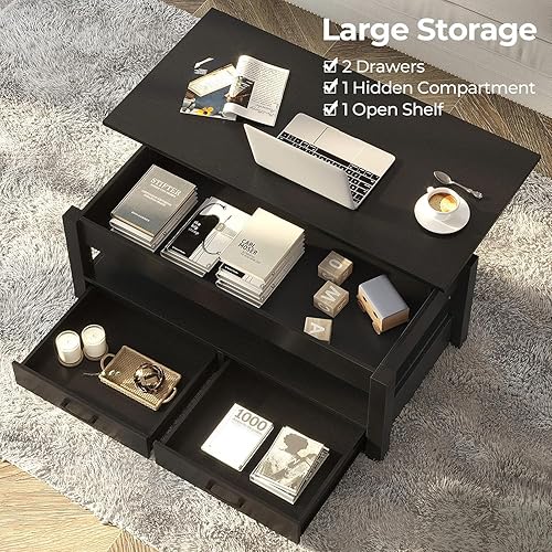 Miniatura 29 de Rolanstar - Mesa auxiliar, mesa de centro con cajones y compartimento oculto, mesa central retro con tablero de elevación de madera, para sala de