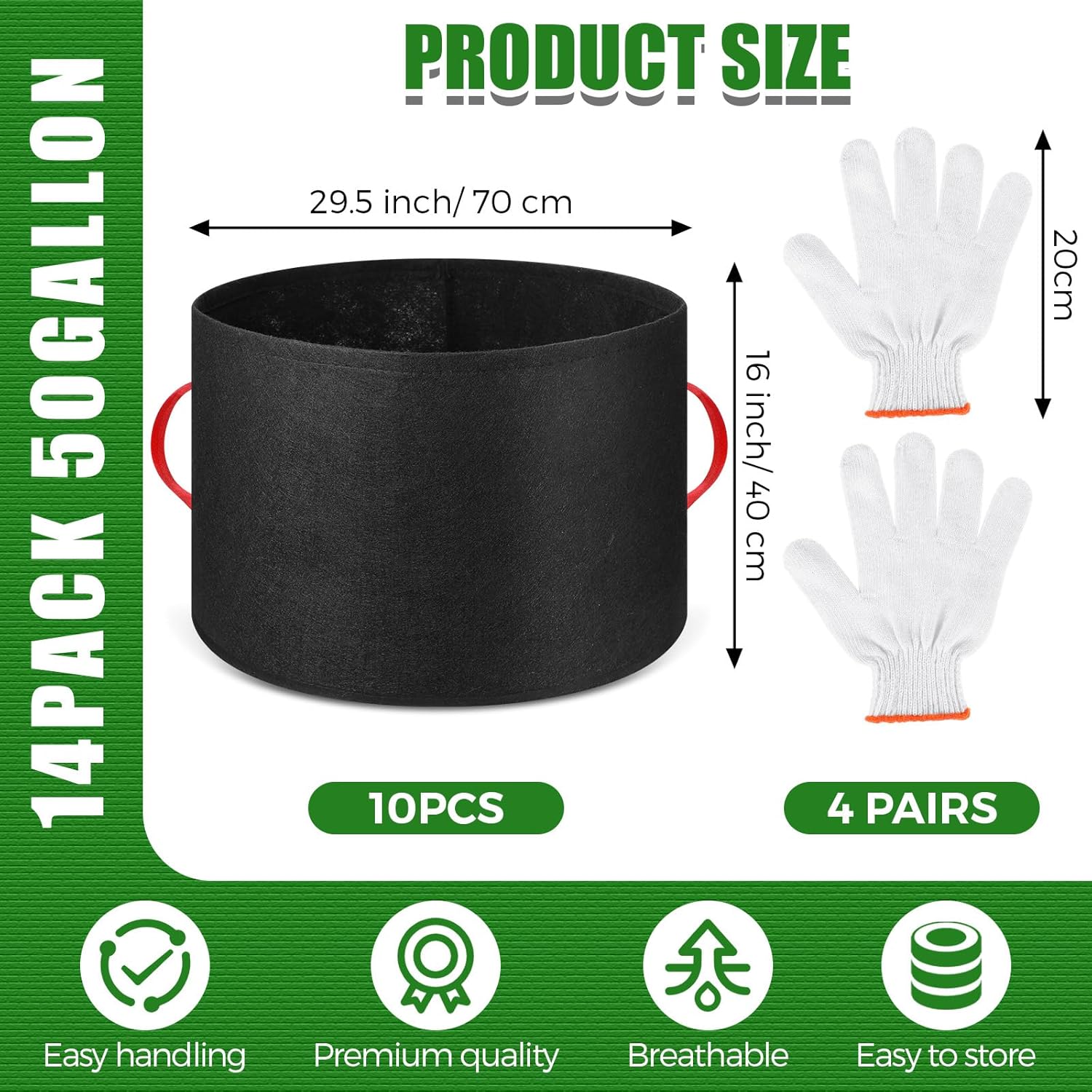 10 Pack 50 Gallon Plant Grow Bags Bulk Breathable Nonwoven Vegetable Cloth Fabric Pots with Handle Thickened Nursery Grow Pots Container with Gloves for Garden Trees Flowers Vegetable Planting
