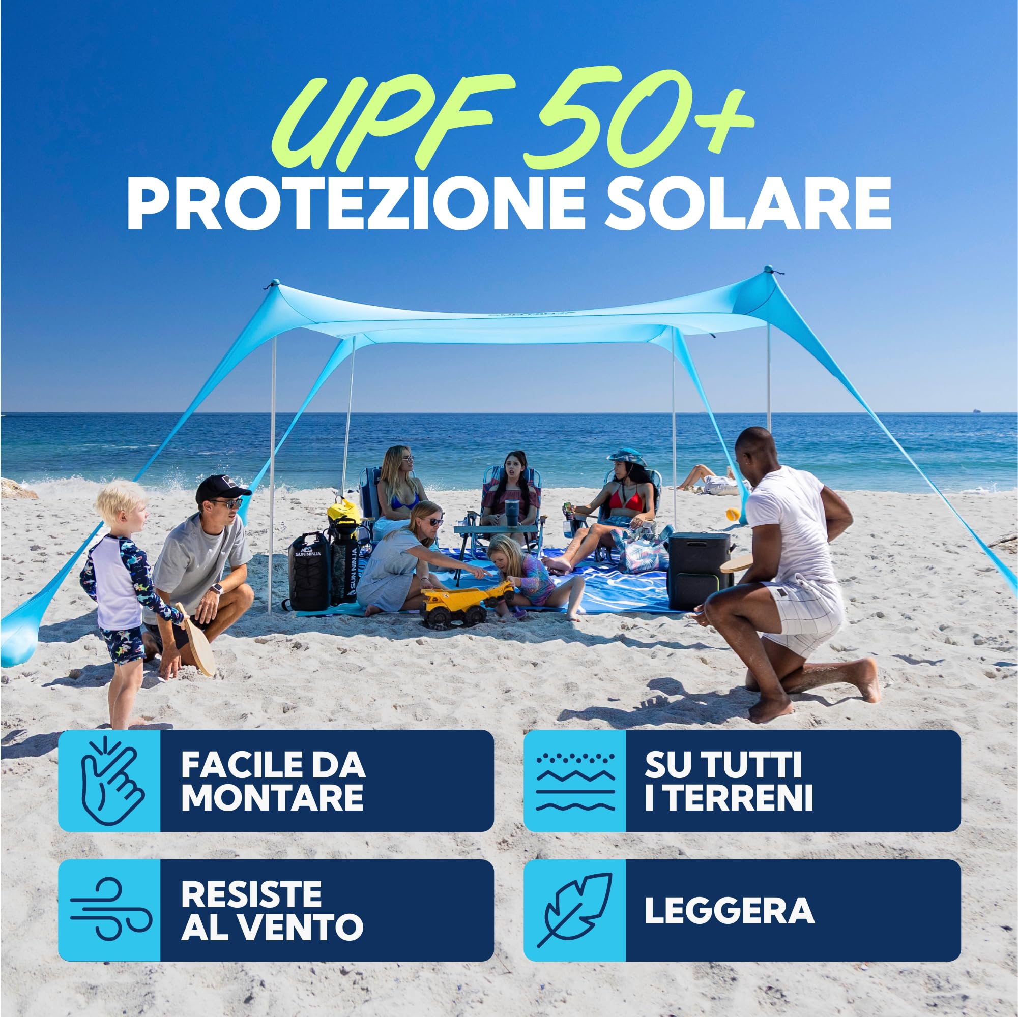 SUN NINJA Tenda da Spiaggia Portatile - Tenda da Sole per Mare - Parasole Pop Up Grande per Campeggio e Picnic - Protezione UV UPF 50+ - Borsa e Accessori Inclusi