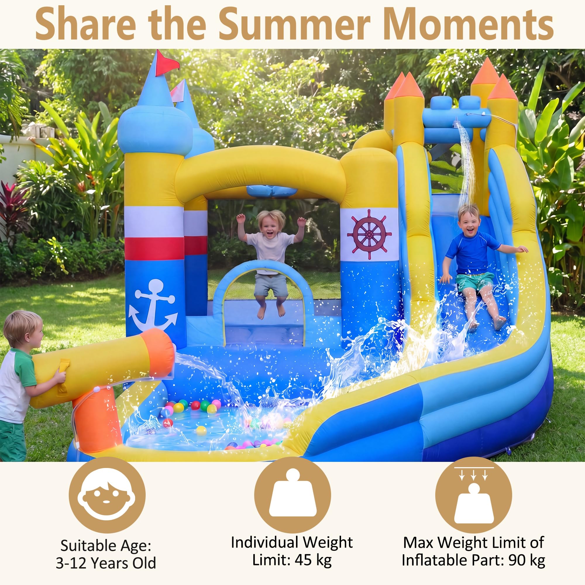 Giantex - Castillo hinchable con tobogán, pared de escalada, cañón de agua, cesta de baloncesto y piscina de bolas, apto para niños de 3 a 12 años, carga 90 kg
