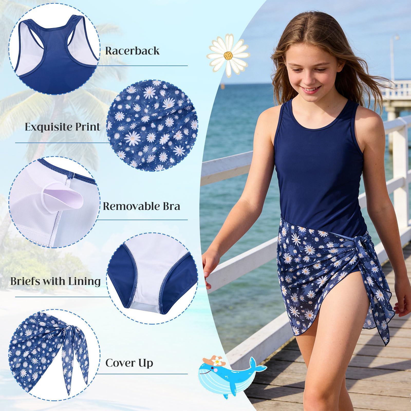 kids4ever Bikini Mädchen 3-Teil-Sets Tankini für Kinder Sommer Hawaii Bademode Bikinis für Teenager Oberteil mit Bikinihose Rock Mode Schöne für 8-14 Jahre