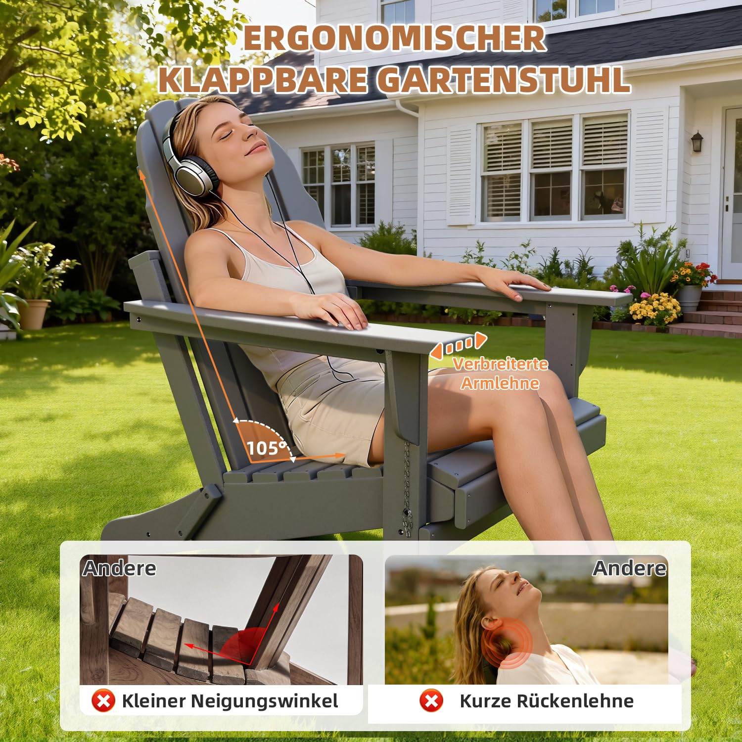 Mdeam Adirondack Stuhl Klappbar, Gartenstuhl mit Rückenlehne & Armlehnen für Garten Terrasse, Adirondack Chair Wetterfestes HDPE, Grau