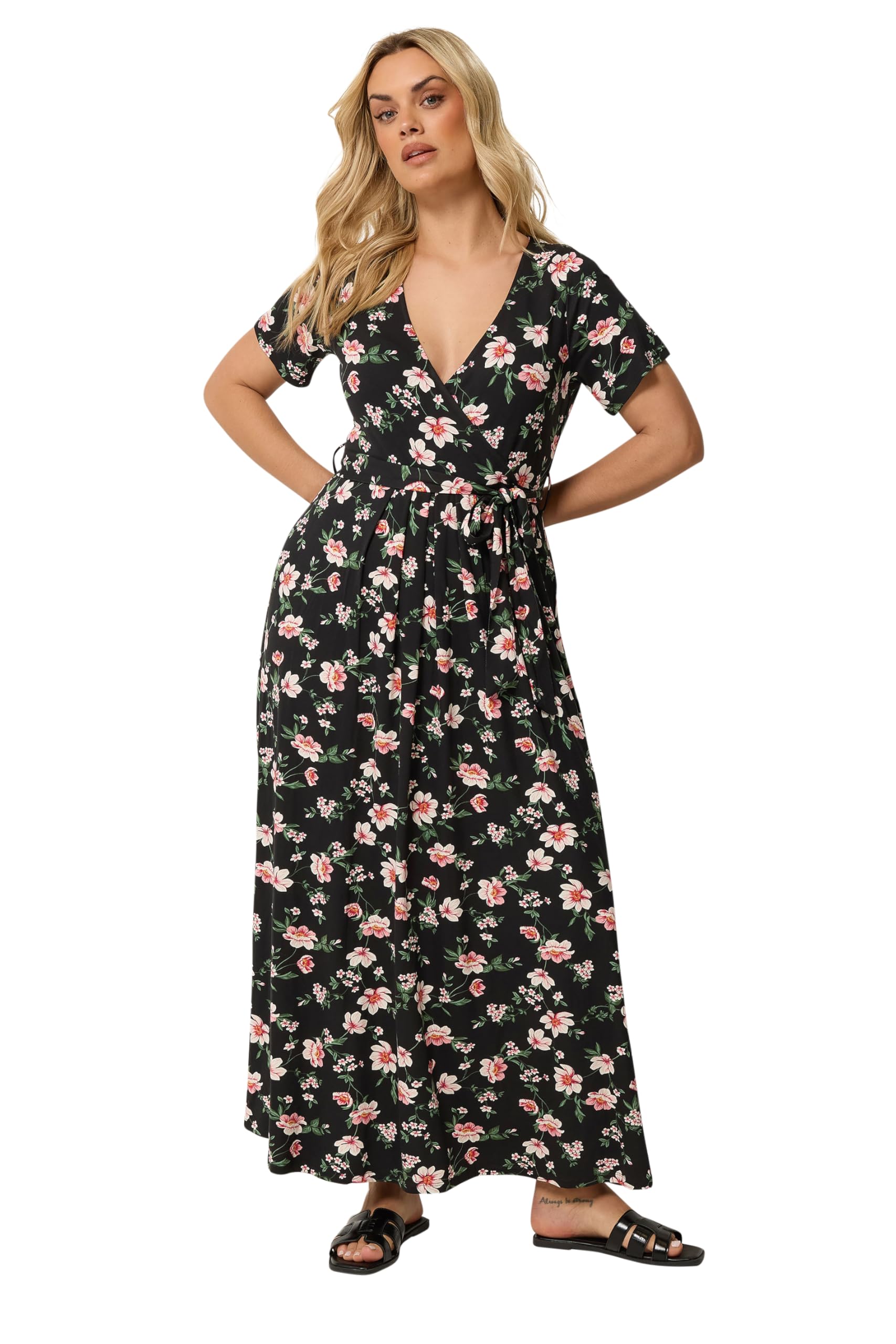 Yours Women's Black Floral Wrap Front Dress In | : Size 18