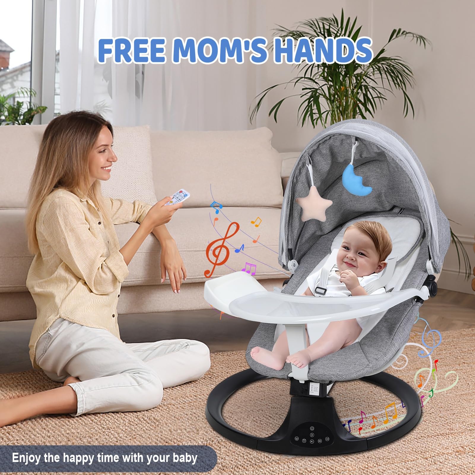 Transat Bébé Évolutif Balancelle Électrique avec Bluetooth/Télécommande - Harnais 5 Points, Mouvement Up-Down, Pare-Soleil et Alimentation Piles/Secteur - Transat Balancelle Bébé 0-24