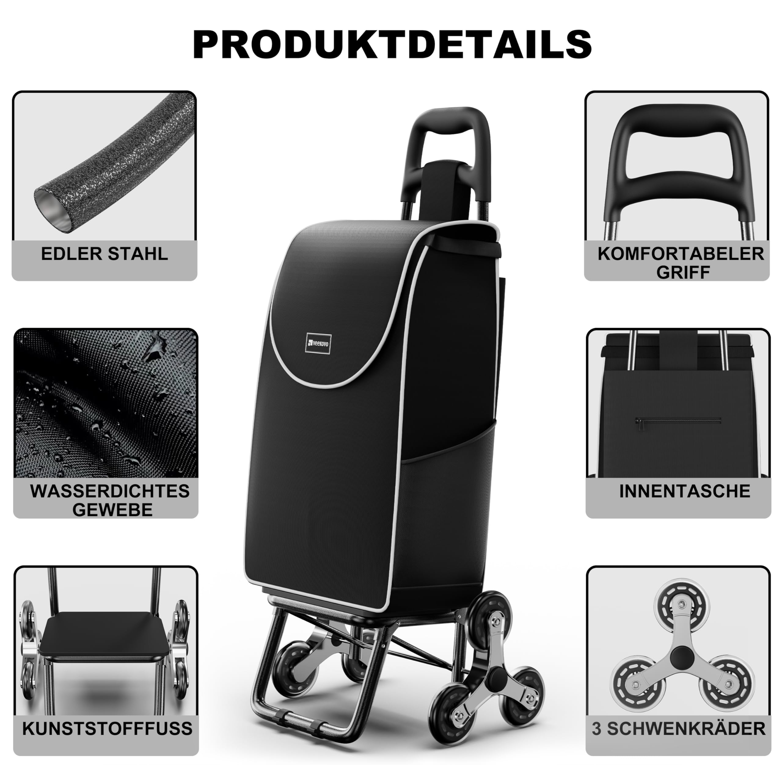 Einkaufswagen Klappbar 56L,Einkaufstrolley Treppensteiger,Trolly Einkaufswagen Klappbar, Hackenporsche mit 6 Räder,Wasserdicht,Bis 50 kg Traglast,faltbar & abnehmbar. (Schwarz, 1 Stück)
