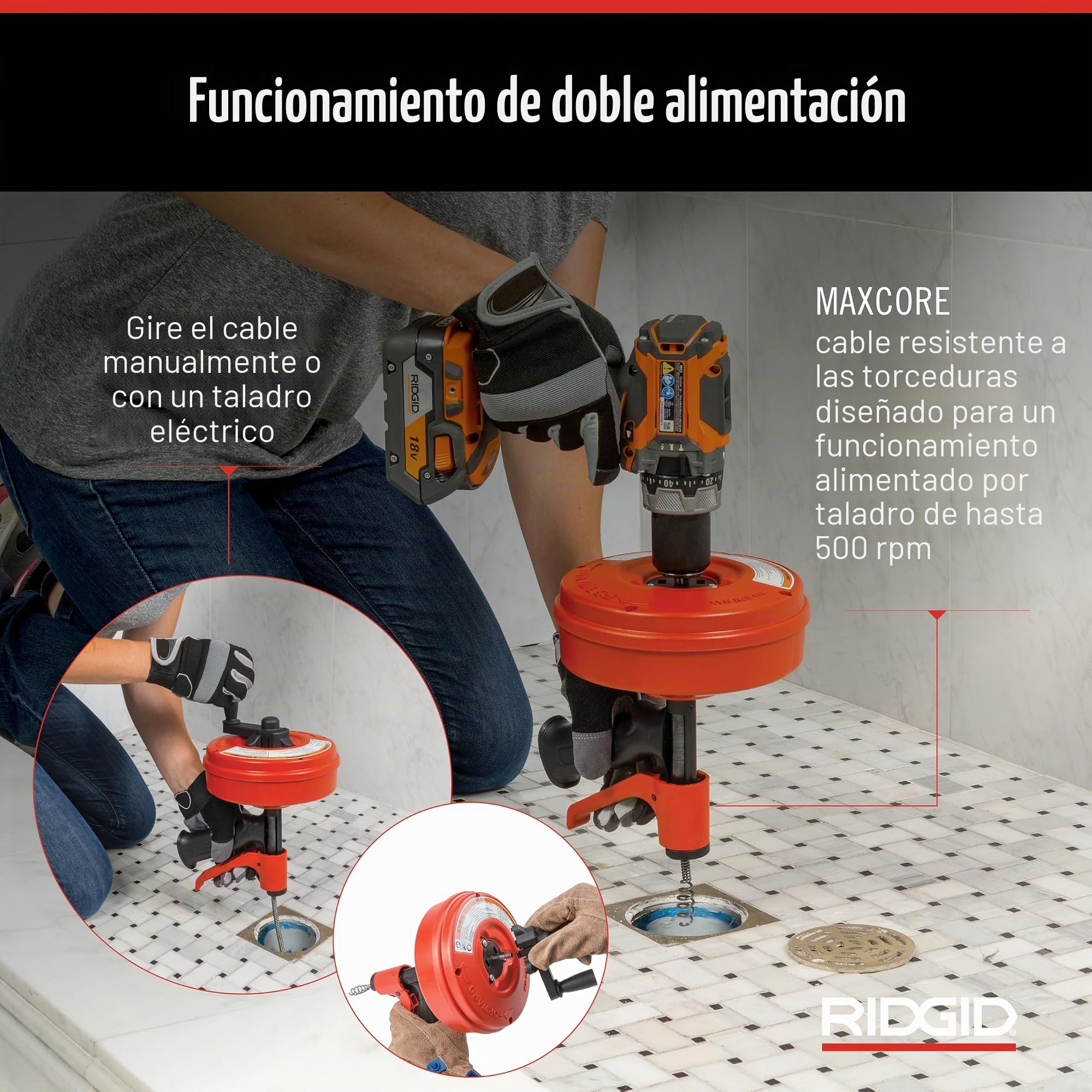 RIDGID 57043 Power Spin con AUTOFEED, Cable limpiador de desagües Maxcore y Cable helicoidal de bombilla para limpieza de desagües para eliminar obstrucciones en desagües