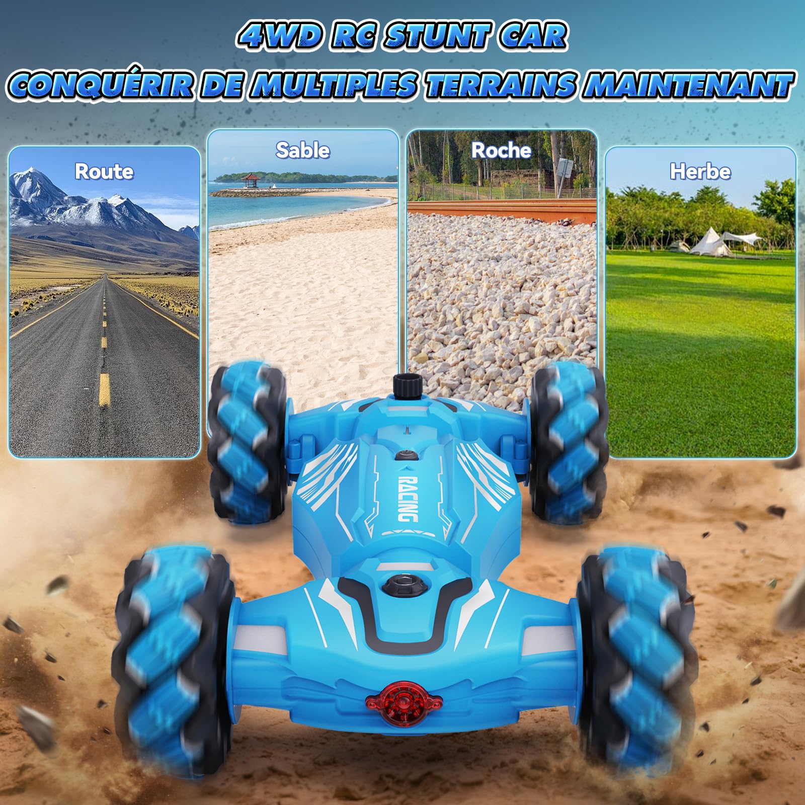 Dysaim Voiture Télécommandée Tout Terrain, 4WD Voiture Télécommandée avec la Main, 2,4Ghz 360° Rotation RC Stunt Car Musique Lumière et Spray, Cadeaux pour Garçons Filles Enfants 6 8 10 12 Ans, Bleu