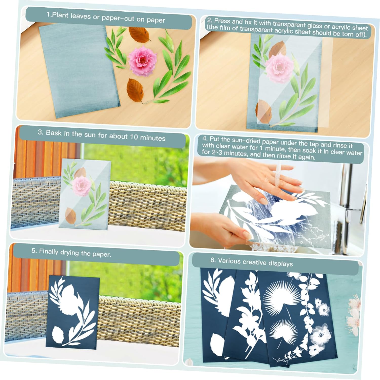 PLAFOPE 32sheets Cyanotype Kit Solar Activated Print Paper Sun Printing Paper Pad for DIY Crafts