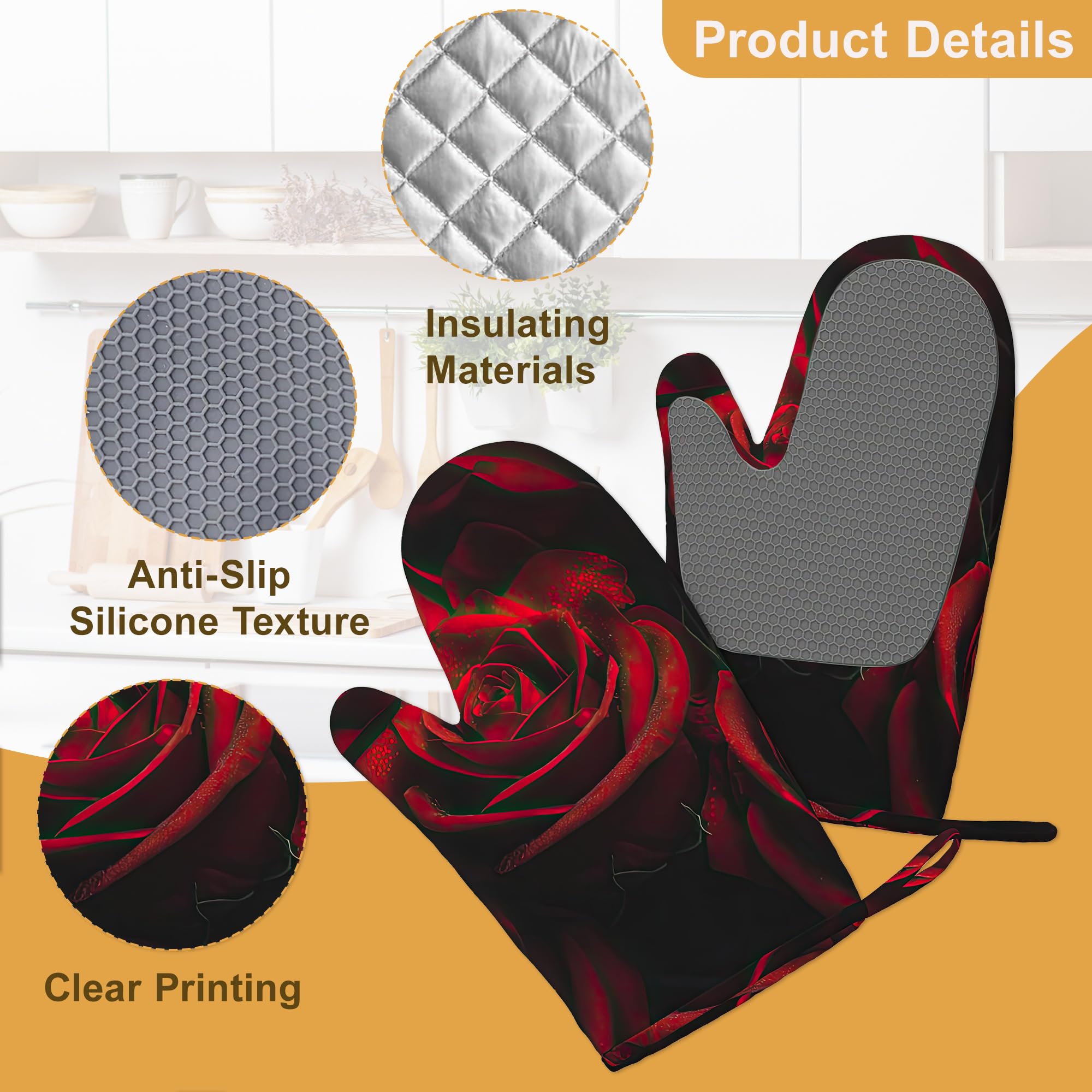 Red Rose Ofenhandschuhe und Topflappen, 4er-Set, Küchenhandschuhe, hitzebeständige Ofenhandschuhe mit rutschfestem Silikon zum Backen, Kochen, Grillen