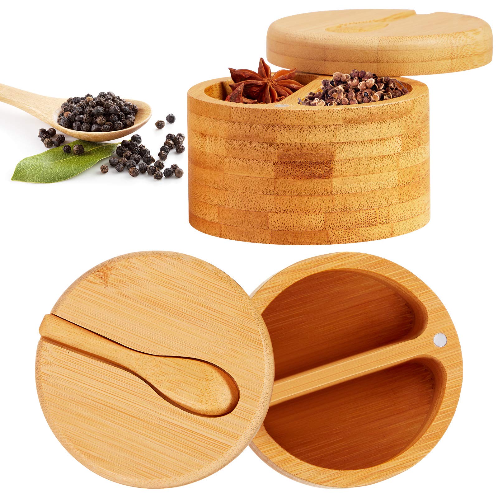 Honeydak Bambus Salzkeller – Mit Magnetischem Drehdeckel & Holzlöffel, 170 Ml, Natur