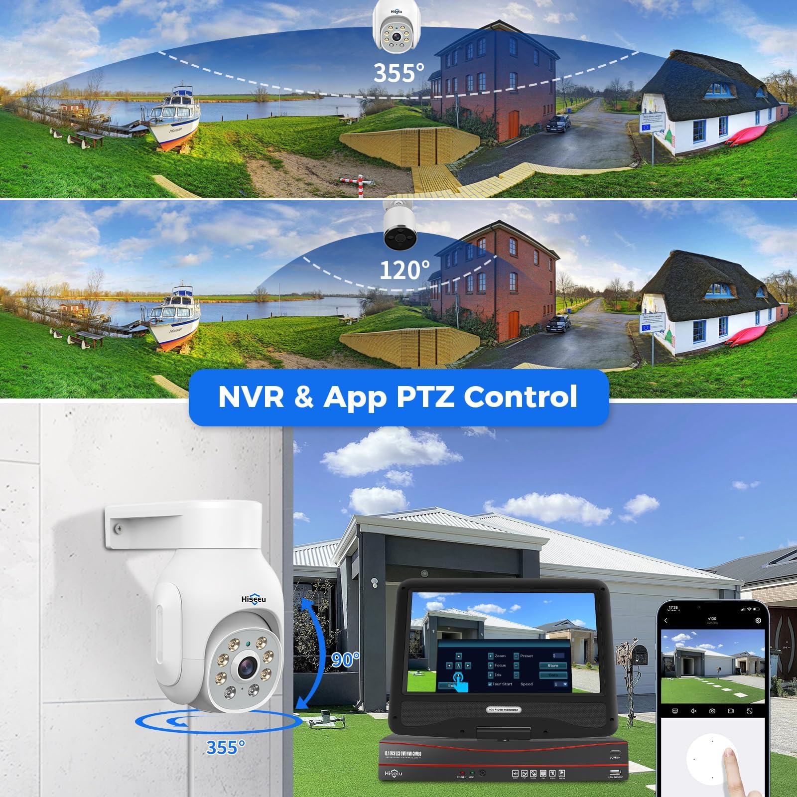 Hiseeu 5MP Telecamera di Sorveglianza Esterna PoE con Cavo Ethernet, 360 ° PTZ Telecamera IP Esterno No WiFi, 30m Visione Notturna Colori, Rilevamento Movimento, Audio Bidirezionale, POE Kit