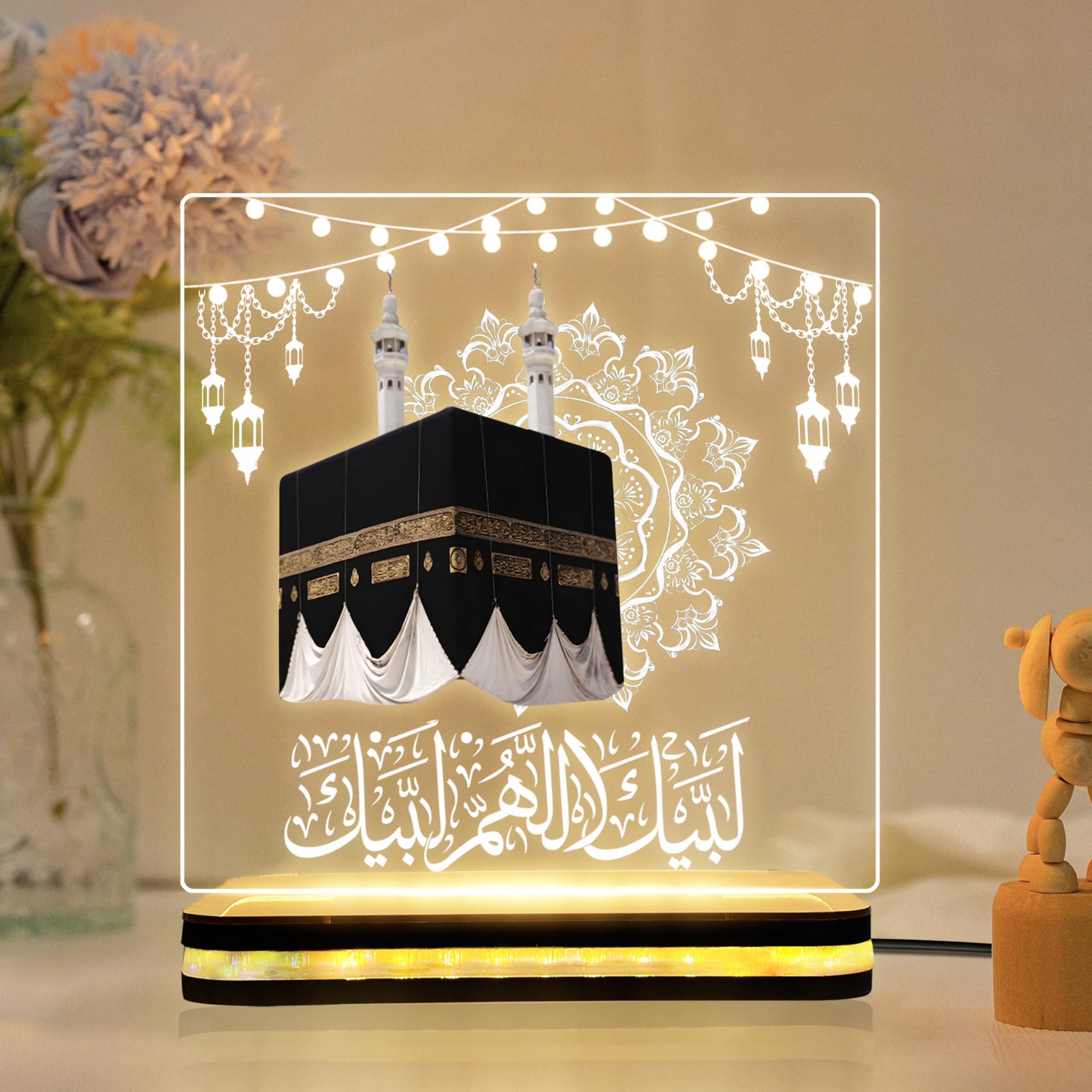 Kaaba Sharif LED Acrylic Lamp, Labbaik Allahumma Labbaik Islamic Night Light, Muslim Home Decor, Hajj Mubarak Souvenir, Umrah Gift, Ramadan Decoration, Prayer Room Accent (5x5 Inch)-image-2