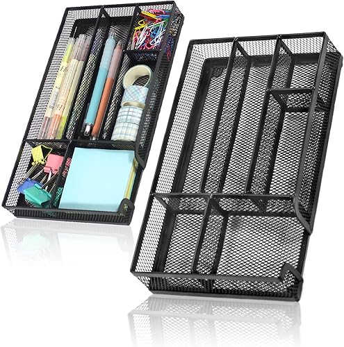 Miniatura 8 de ROSROSE Bandeja organizadora de cajones de escritorio, organizador de cajones de malla metálica con 5 compartimentos, organizador de cajones de